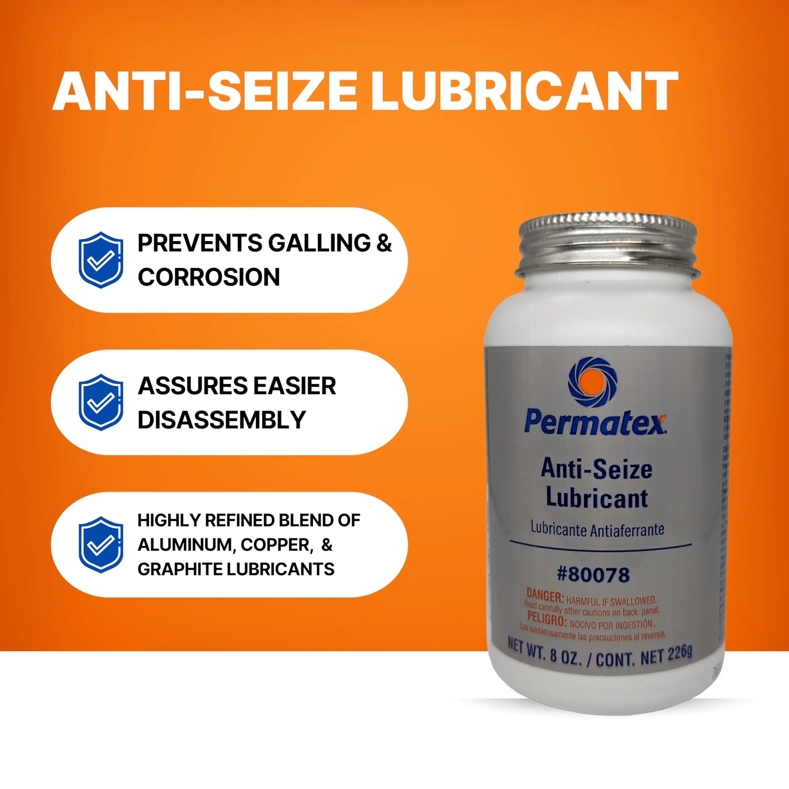 Permatex 80078 Anti-Seize Lubricant With Brush Top Bottle Prevents Galling, Corrosion, Seizing, Refined Blend Aluminum, Copper, And Graphite Lubricants For Spark Plugs 8 oz