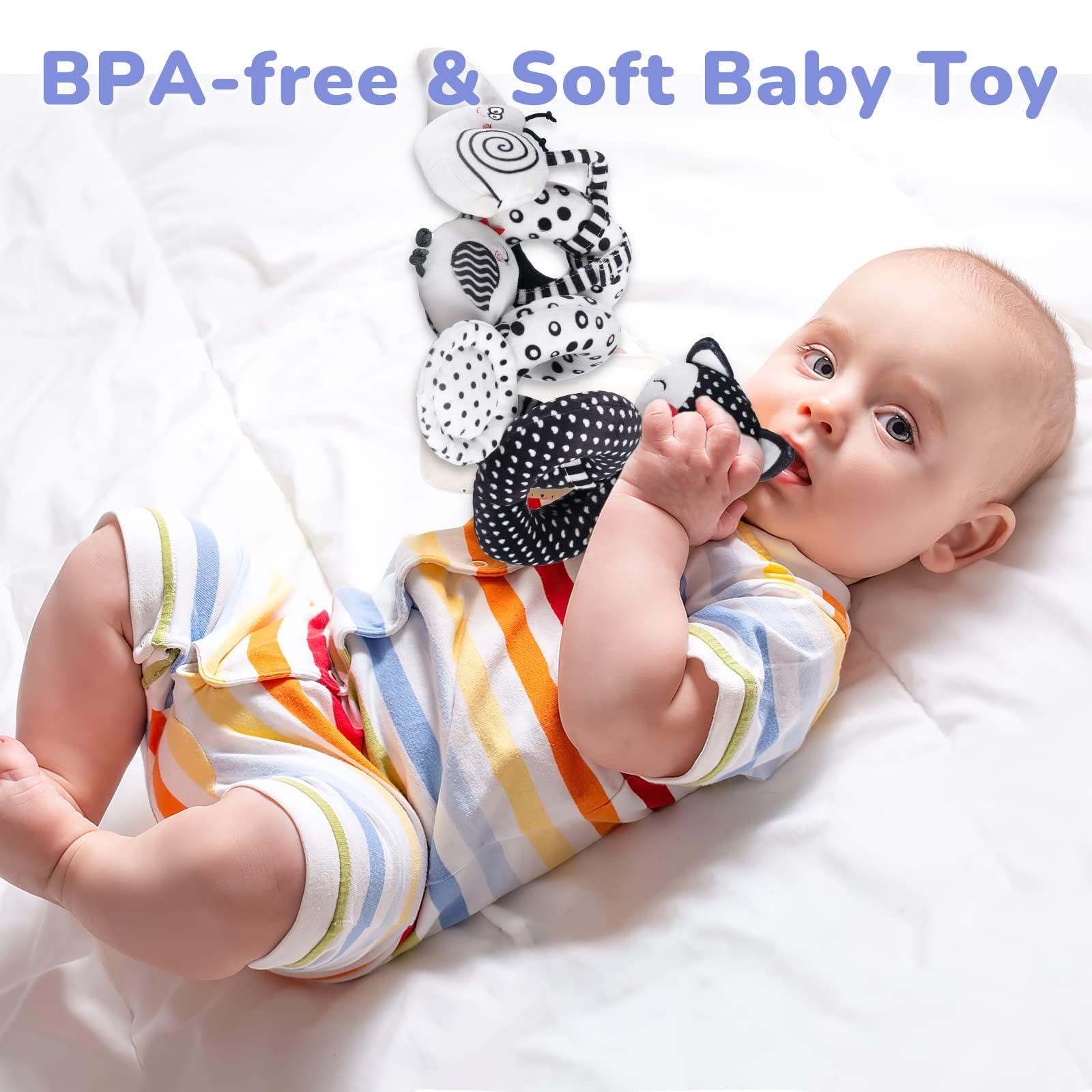 XIXILAND Baby Spiral Plush Toys, Black and White Baby Car Seat Toys, High Contrast Infant Newborn Toy 0-6 Months for Stroller Crib Mobile, Sensory Toy Best Gift for 0 3 6 9 12 Months Boys Girls