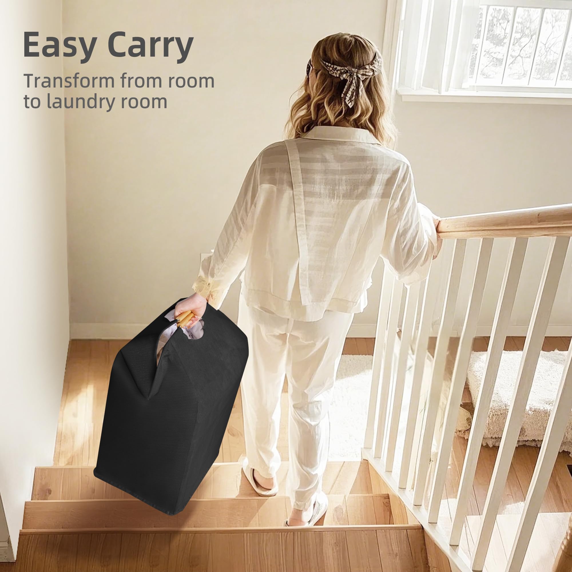 STORAGE MANIAC 2-Pack Large Laundry Hamper, 80L (21.1 Gal) Collapsible Laundry Basket with Bamboo Handles, Freestanding Waterproof Clothes Hamper for Laundry Room, Bedroom, Dorm, Towels, Toys, Black