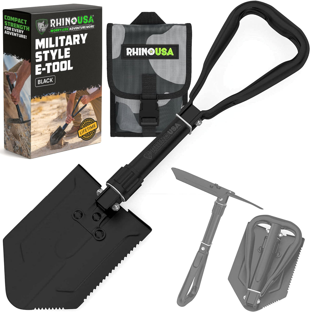 RHINO USA Folding Survival Shovel w/Pick - Heavy Duty Carbon Steel Military Style Entrenching Tool for Off Road, Camping, Gardening, Beach, Digging Dirt, Sand, Mud & Snow.