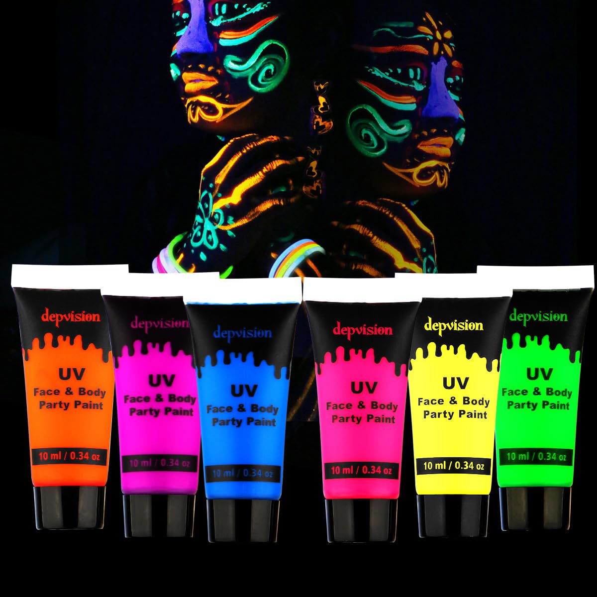 Depvision Glow in the Dark UV Gesichts- und Körperfarbe 6*10ml Neon Schwarzlicht 0.34oz Reaktiv Fluoreszierend für Weihnachten Halloween Party Ungiftig