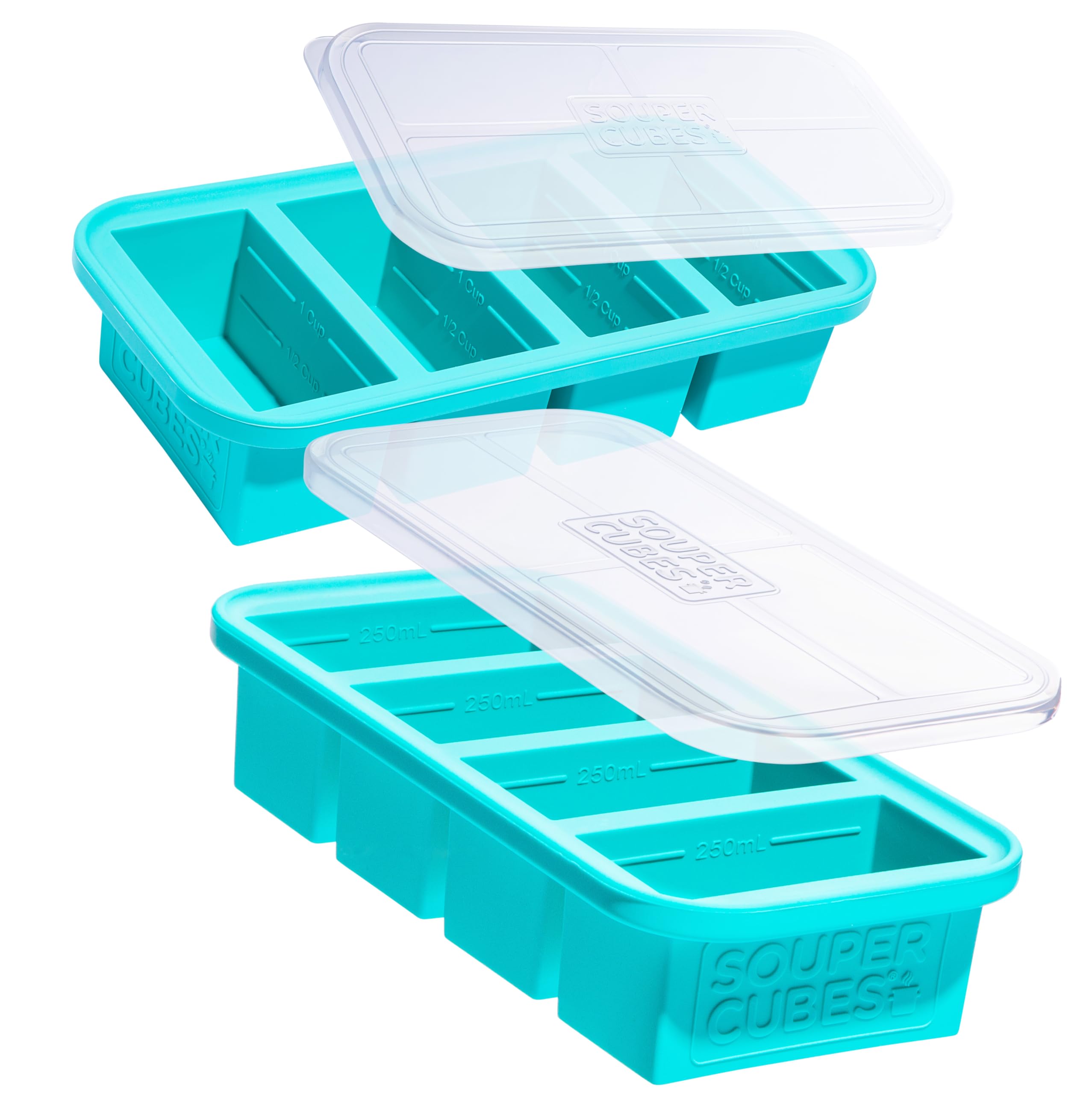 Souper Cubes 1 Cup Silicone Freezer Molds - Soup Cubes Perfect for Freezing Broth, Rice, Leftovers and More - Silicone Freezer Trays with Lids for Meal Prep - Aqua - 2-Pack