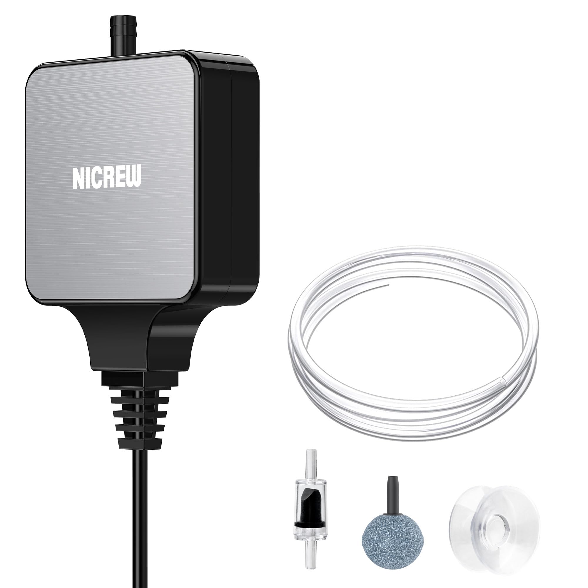 NICREW Nano Silent Aquarium Air Pump Black, Aquarium Aerator with Accessories for Up to 10 Gallon Fish Tank, Super Quiet, 0.3 L/min, 1.5 Watts