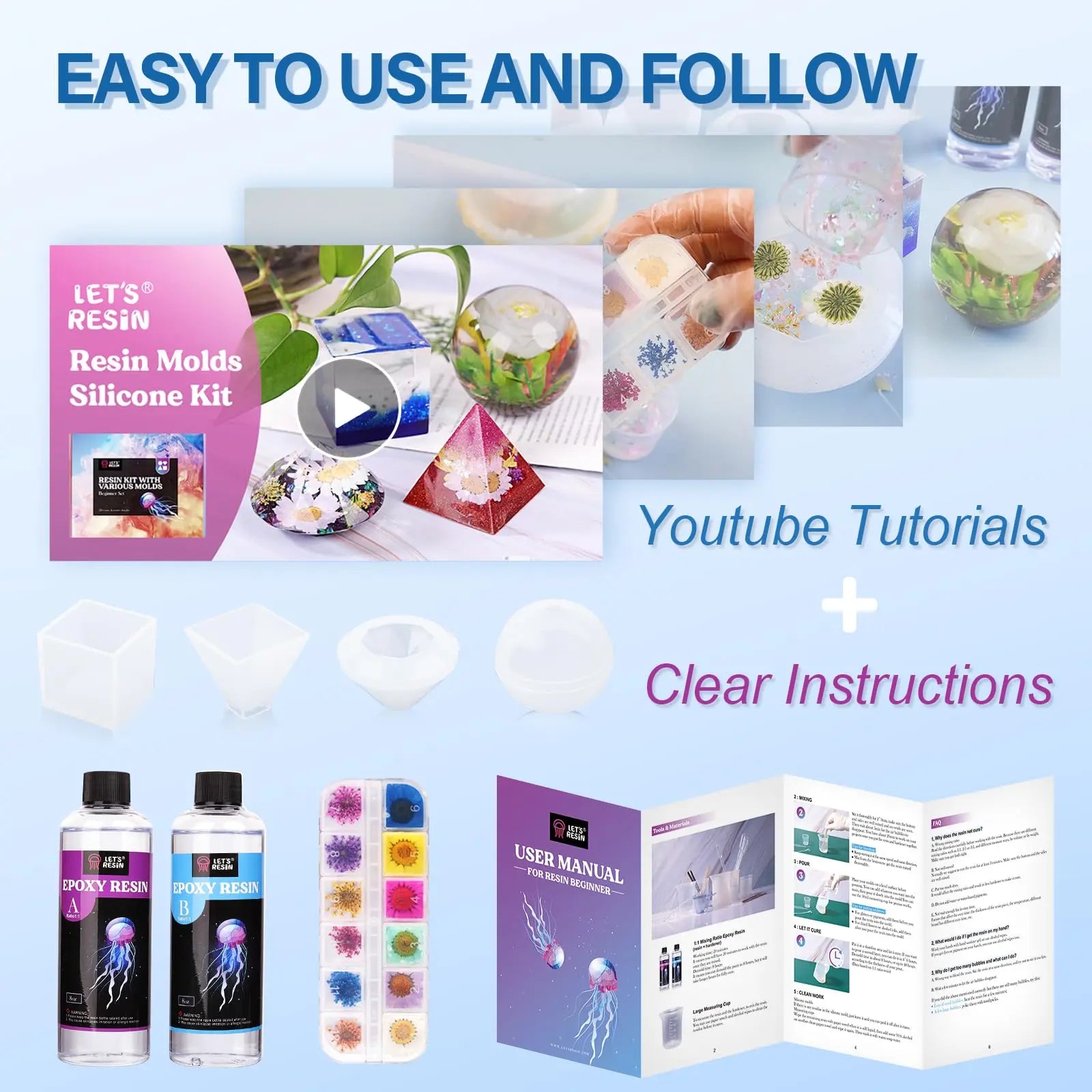 LET'S RESIN Epoxy Resin Kits and Molds Complete Set, 16oz Resin Art Kit with Silicone Molds, Pigment, Dried Flowers, Crafts for Adults, Beginners, Art Supplies for DIY Lovers, DIY Gift for Women
