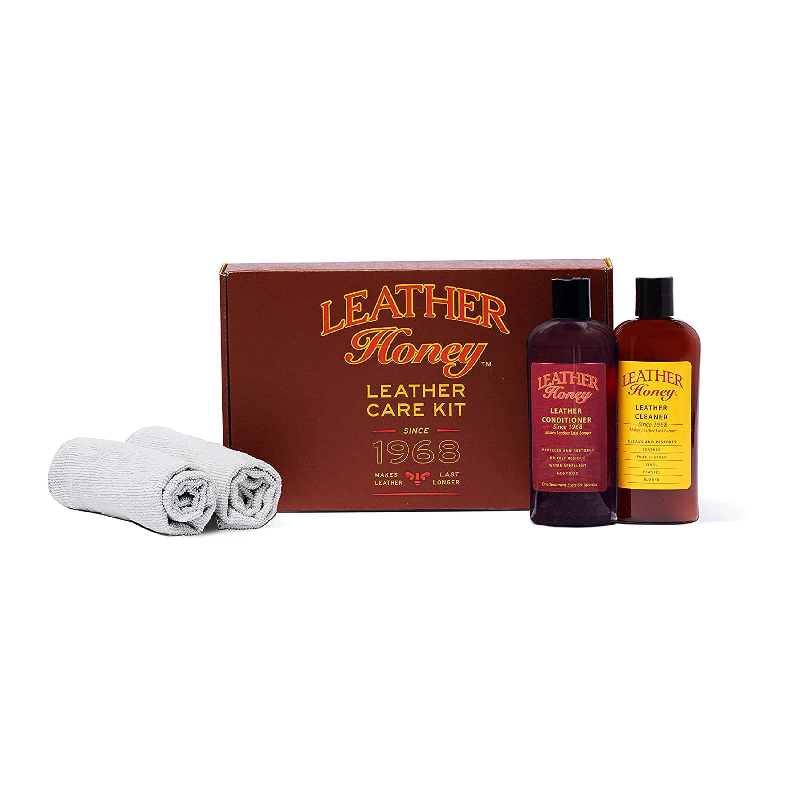 Leather Honey Komplett-Lederpflegeset: Reiniger, Pflegemittel, 2 Tücher. Ungiftige Lederpflege, hergestellt in den USA seit 1968. Restauriert Sofas, Autositze & -interieur, Jacken, Schuhe & Taschen. Für jede Farbe.
