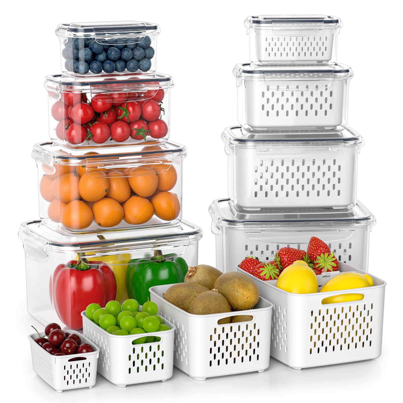 Frucht-Aufbewahrungsbehälter für den Kühlschrank mit herausnehmbarem Sieb, 8er-Pack Obstbehälter für den Kühlschrank mit 2-Funktionen-Trennplatte, luftdichter Aufbewahrungsbehälter, um Beerenobst frisch zu halten, spülmaschinenfest