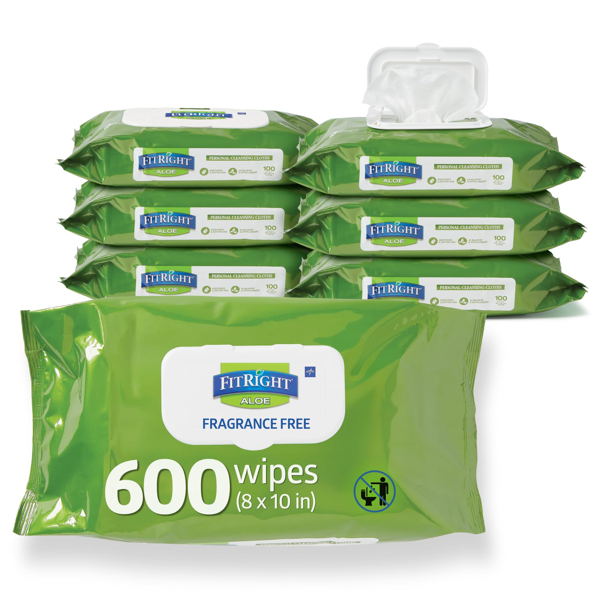 FitRight Personal Reinigungstücher mit Aloe (20x25 cm) | 600 Stück feuchtigkeitsspendende Körperpflegetücher für Erwachsene zur Körperhygiene und bei Inkontinenz | Parfümierte Tücher für die Altenpflege