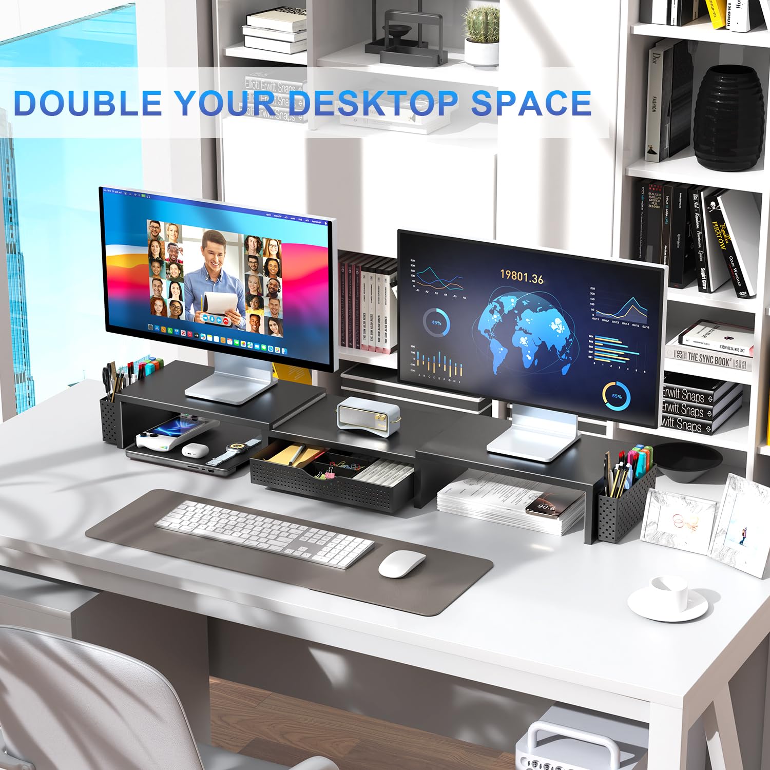 gianotter Dual Monitor Stand Riser, Desk Organizer With Drawer and 2 Pen Holders, Computer Monitor Stand, Desk Shelf for Top of Desk, Balck