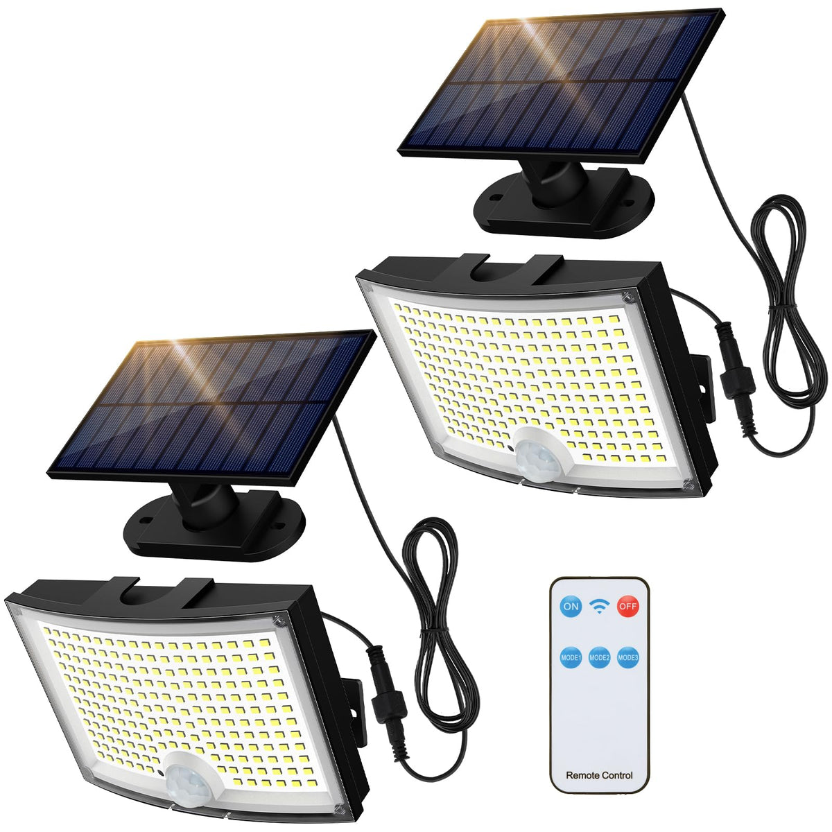 مصابيح أديدنج الشمسية الخارجية، مصابيح كاشفة 202 LED بكابل 16.4 قدم، مصابيح شمسية خارجية بمستشعر حركة وجهاز تحكم عن بعد، مصابيح أمنية تعمل بالطاقة الشمسية بـ 3 أوضاع للفناء الخارجي، الحديقة، المرآب، عبوة من قطعتين