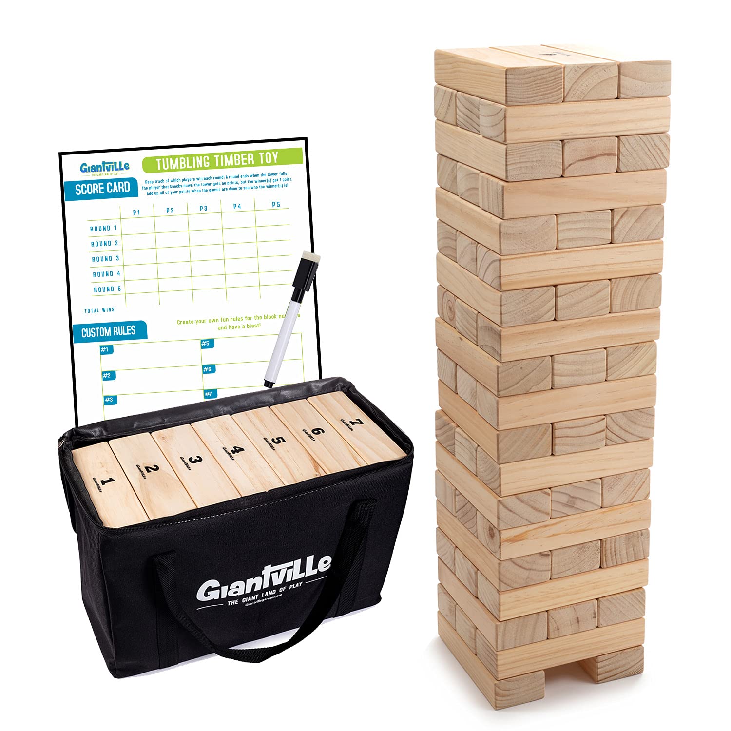 Giantville Riesen-Jenga-Holzspiel – Premium Kiefernholz Lebensgroße Bausteine – Großes Boden-/Brettspiel für Drinnen/Draußen für Kinder & Erwachsene – 56 Teile + Tragetasche/Aufbewahrungstasche – Wächst auf über 1,20 Meter