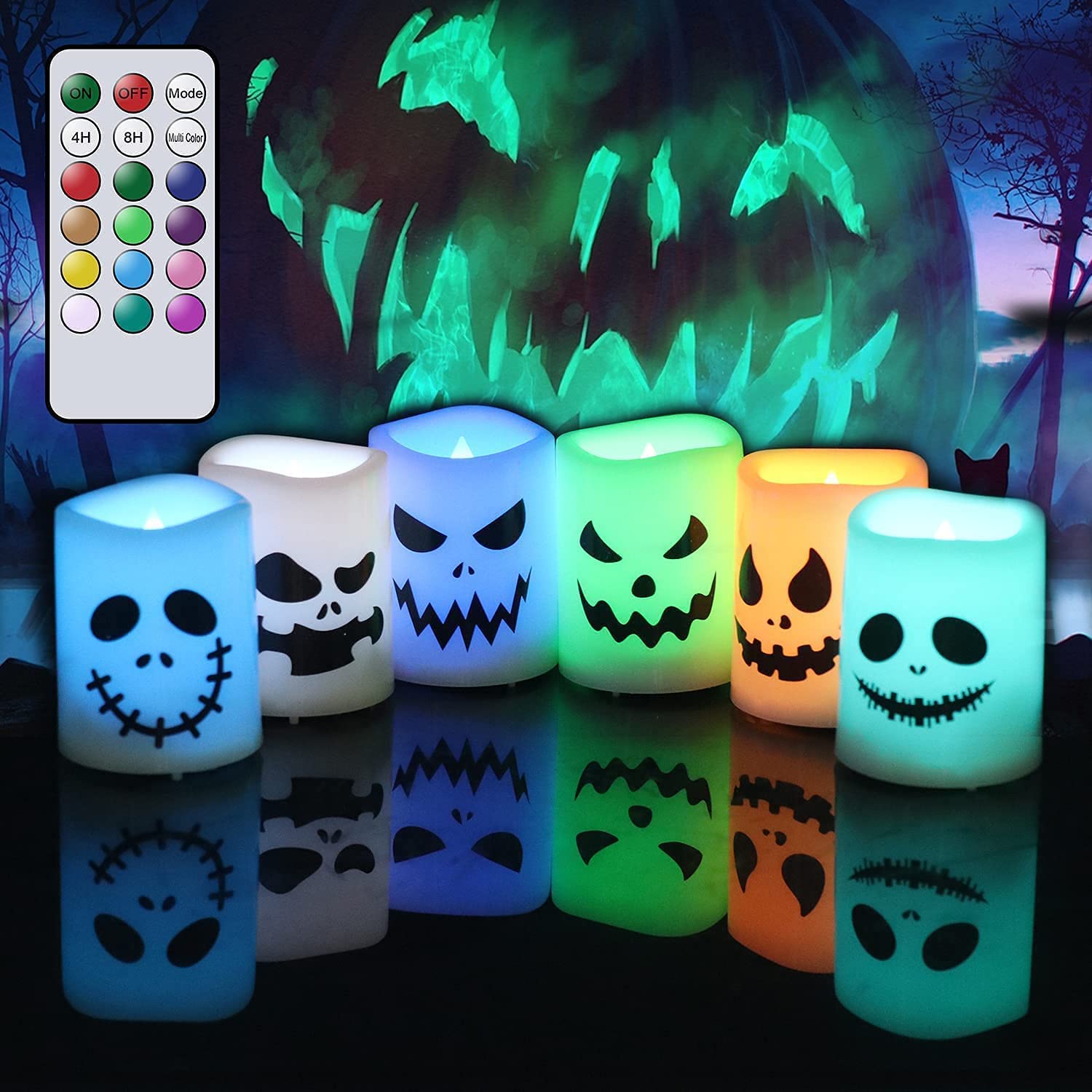 GenSwin Halloween Flammenlose Votivkerzen, Farbwechsel mit Fernbedienung und Timer, batteriebetriebene LED-Teelichter für Halloween Heimdekoration Geschenke (6 Stück, 3,8 cm x 5 cm) (Batterie enthalten)