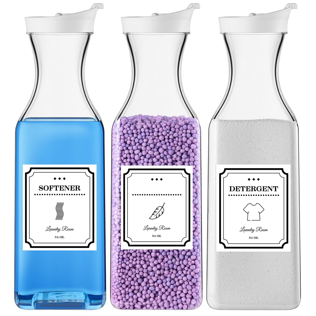 Waschmittelspender, 1,6L Weichspülerbehälter, Kunststoff-Flüssigwaschmittelbehälter, Waschmittel-Organizer für die Waschküche mit 4 Etiketten, 3er-Pack