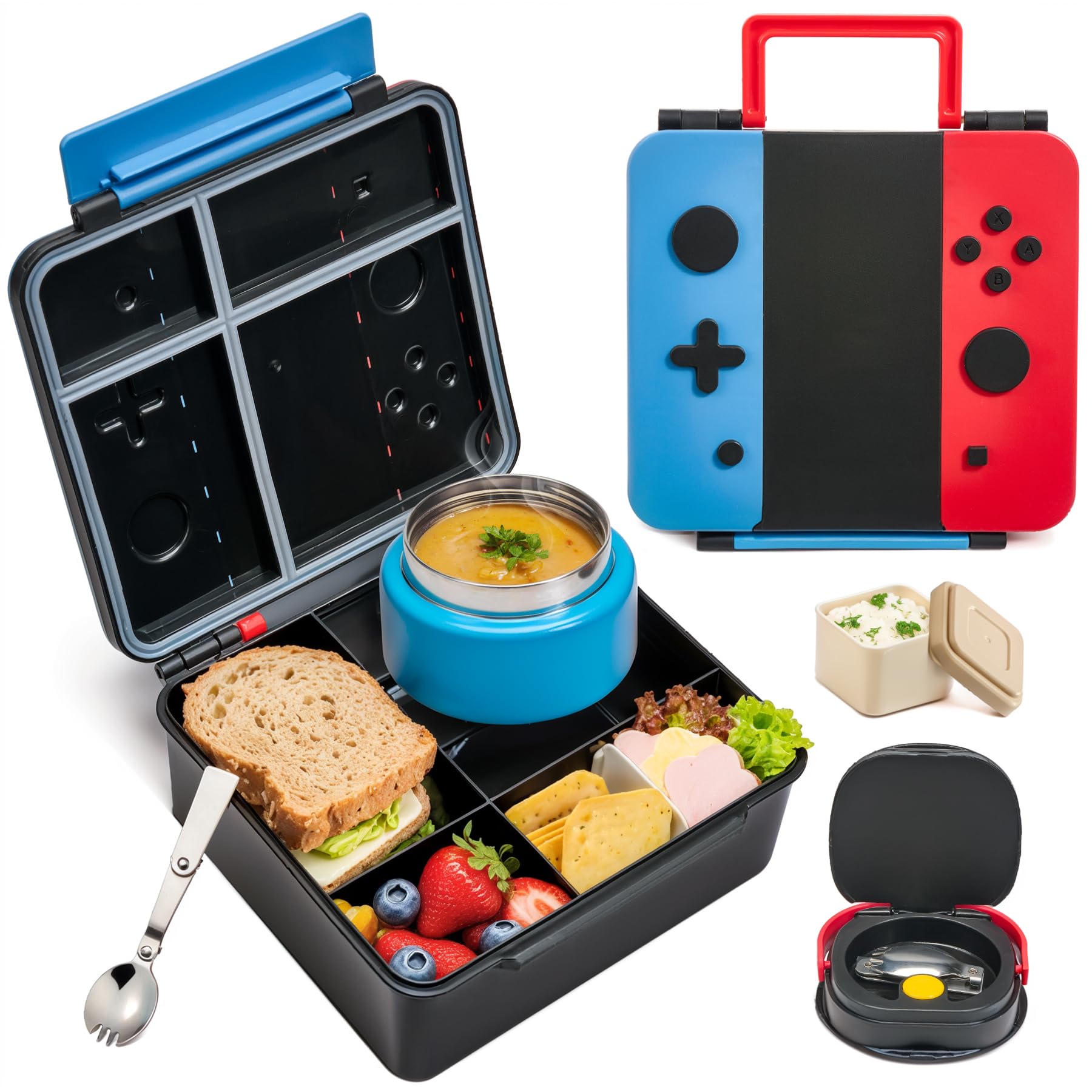 FAJSL Brotdose für Kinder, Lunchbox mit Thermo (266ml Essensbehälter), Falttablett, herausnehmbarem Teiler & Saucenbecher, Lunchbox Kinder für Schule, Reisen, BPA-frei & realistische Form (Blau-Rot)