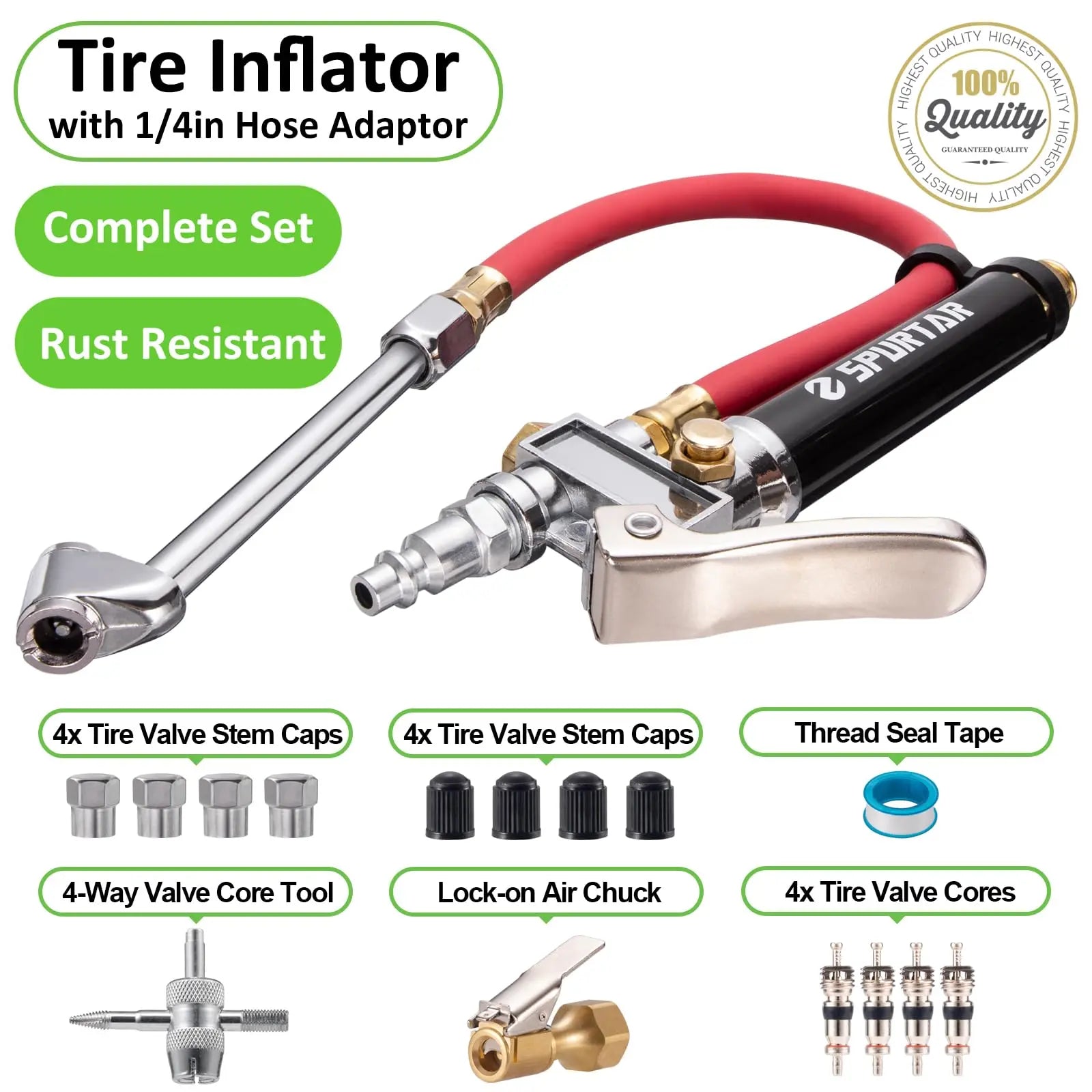 Spurtar 10-120 PSI Heavy Duty Tire Pressure Gauge with Inflator Air Chuck with Pressure Gauge with 4 Way Tool and Valve Cores Air Compressor Attachments Tire Inflator Nozzle for Car Automotive Truck