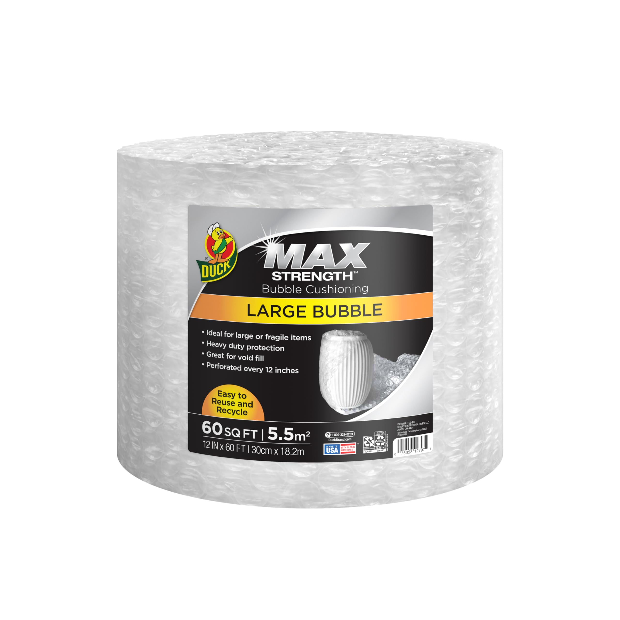 Duck Max Strength Luftpolsterfolie für Umzug & Versand, 60 FT große Luftpolsterfolie, Hochleistungsschutz für Post & Verpackungskartons, klare Luftpolsterfolie alle 12 Zoll perforiert