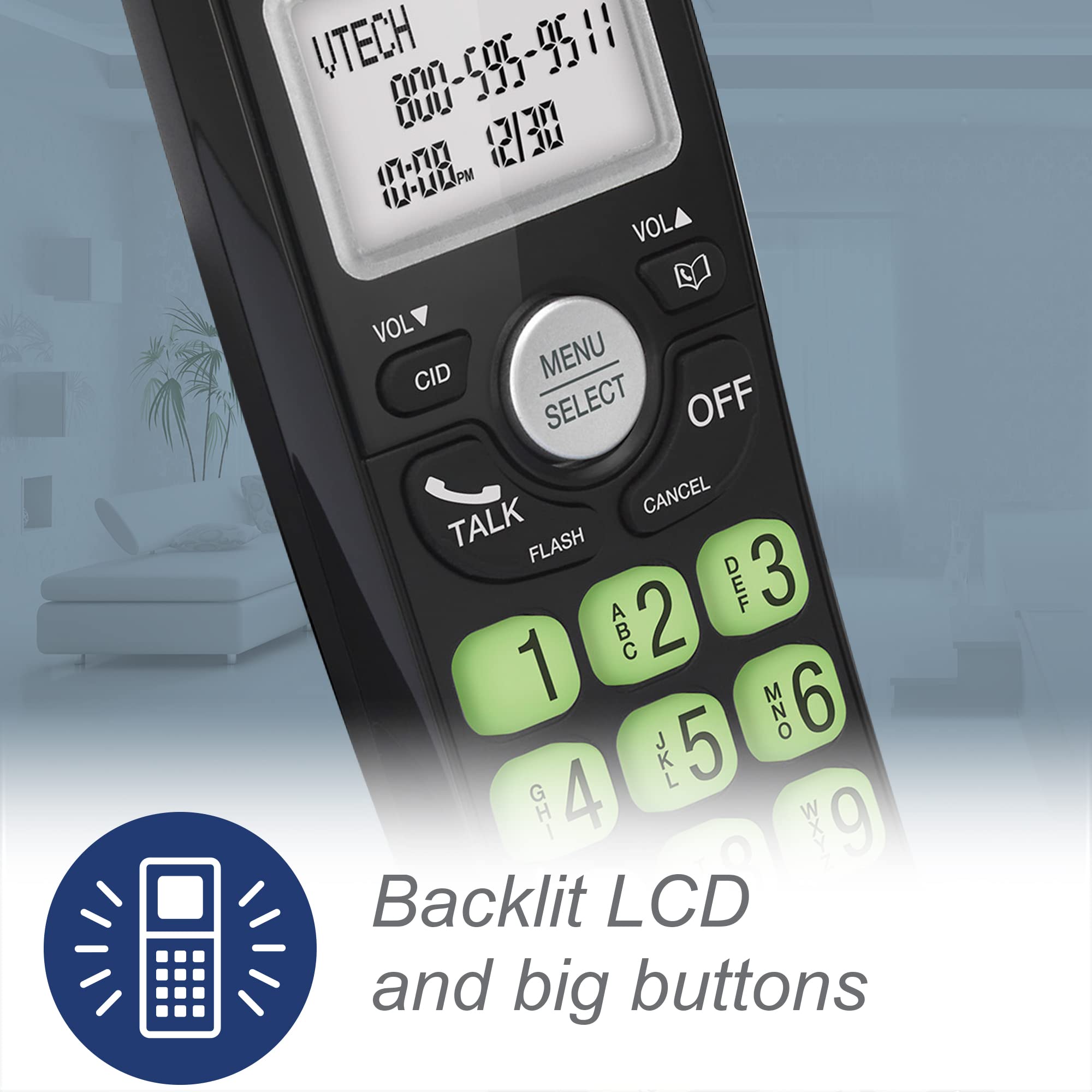 VTech Cordless Phone with DECT 6.0, Full-Duplex Speakerphone, Lighted Display, Backlit Keypad, Caller ID/Call Waiting, Volume Control, Hearing Aid Compatible, Wall Mount | VG131-11 (Black)