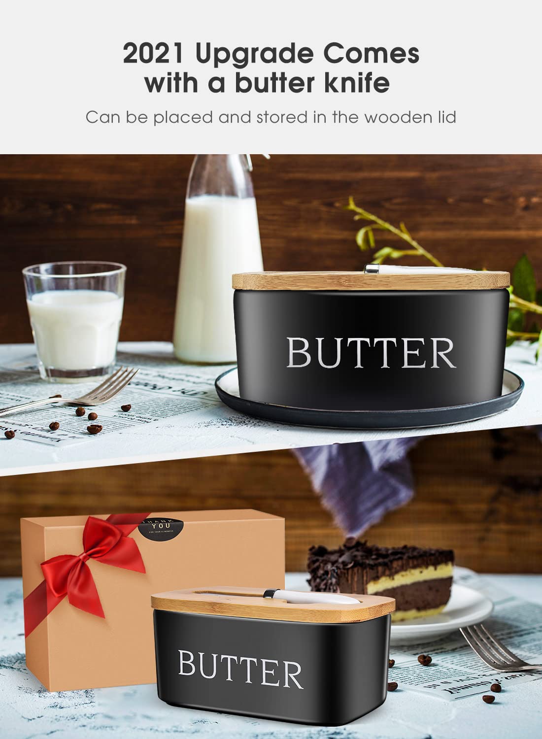Butter Dish with Lid, Large Butter Dish for Countertop, Ceramic Butter Keeper Container with Knife and High-Quality Silicone Sealing Butter Box for Home Decor Good Kitchen Gift Black