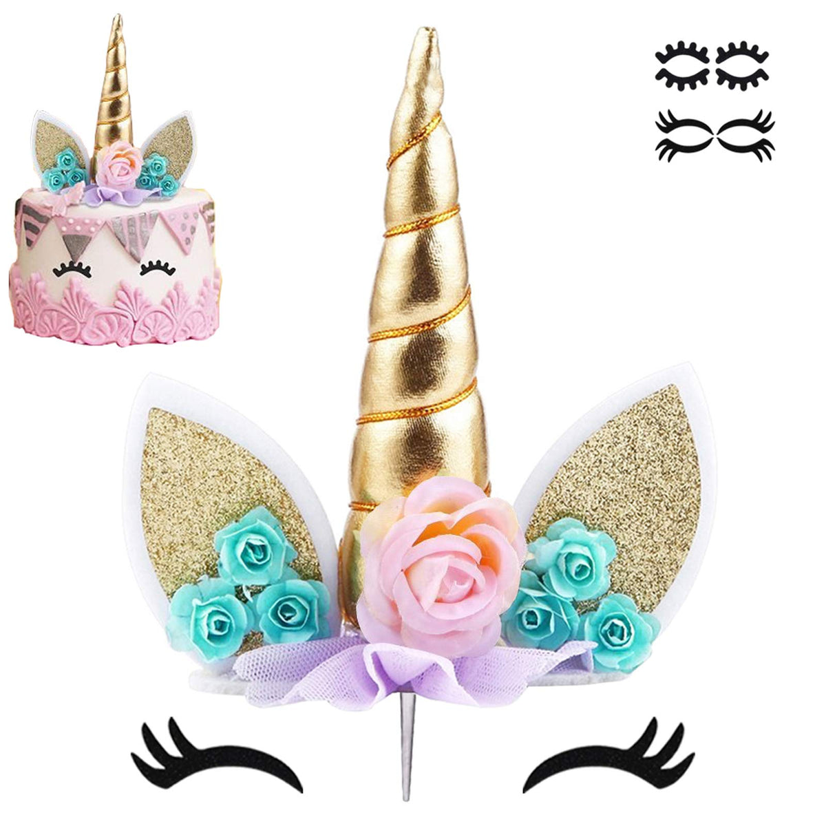 Zkptops Einhorn Kuchenaufsatz Geburtstagsparty-Zubehör Einhorn-Geburtstagsdekorationen Gold Horn Kuchenaufsatz mit Wimpern Niedliche handgemachte wiederverwendbare Kuchenaufsätze für Mädchen, Kinder, Frauen 5,8 Zoll