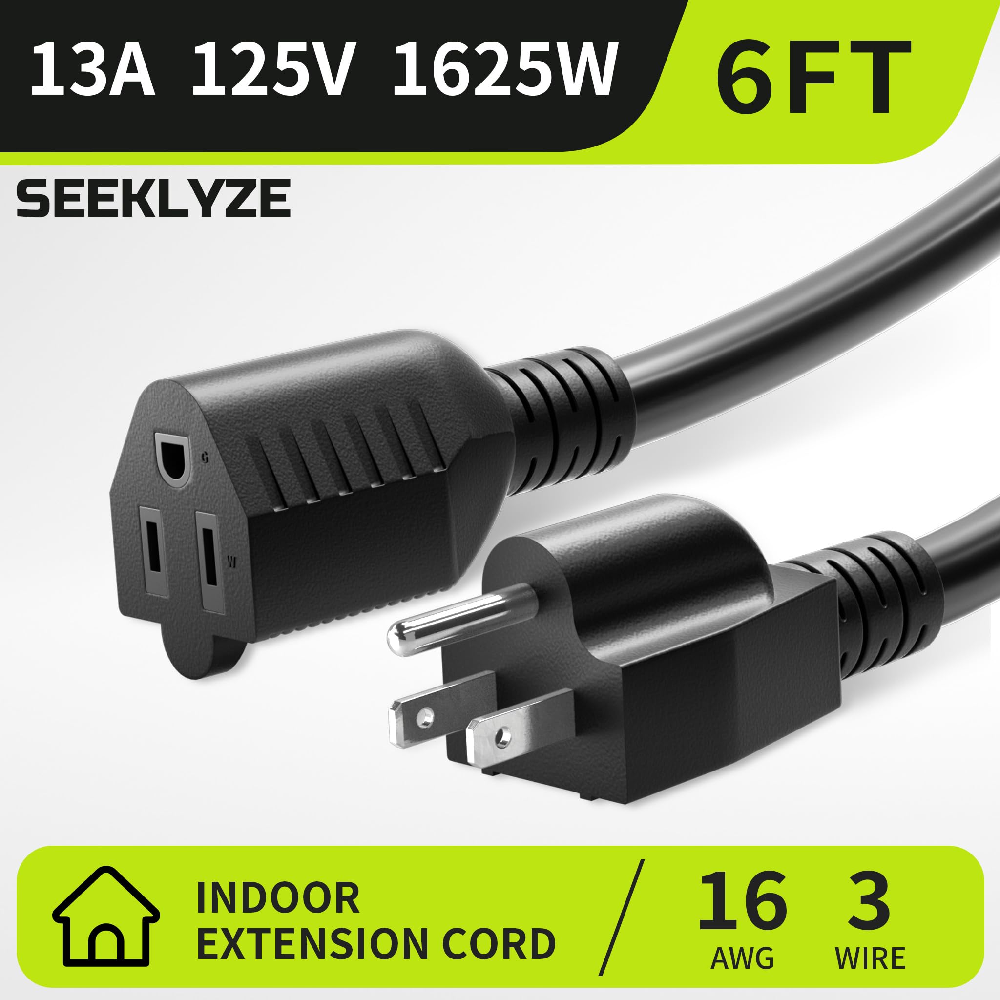 16/3 Black Extension Cord 6 FT Indoor, Short Extension Cord for Laptops, Coffee Makers, Office Home Appliances, 3 Prong Small Resistant Cable Flexible, 13A 125V 1625W ETL Listed