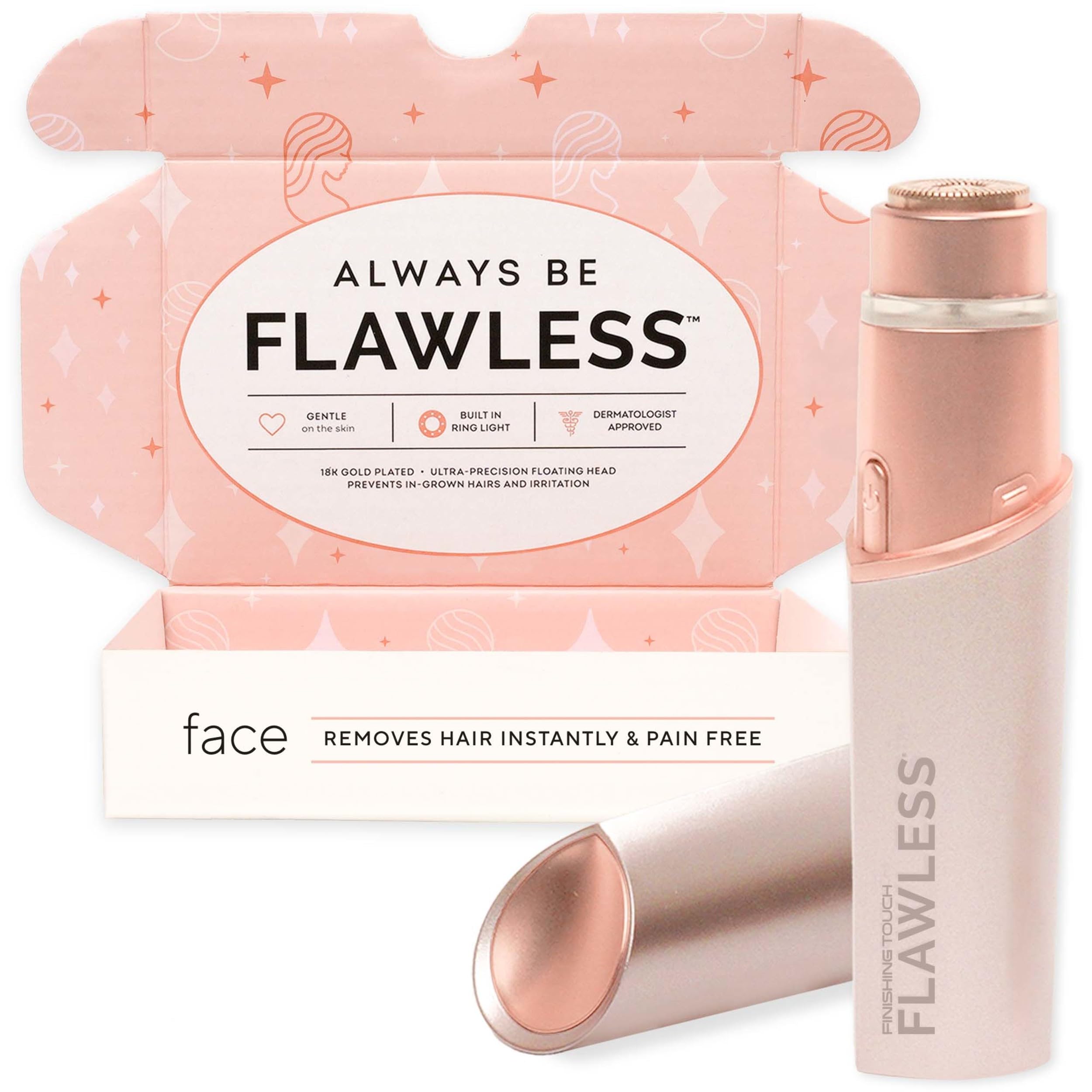 Finishing Touch Flawless Damen-Gesichtshaarentferner, Roségoldener elektrischer Gesichtsrasierer mit LED-Licht, recycelbare Verpackung
