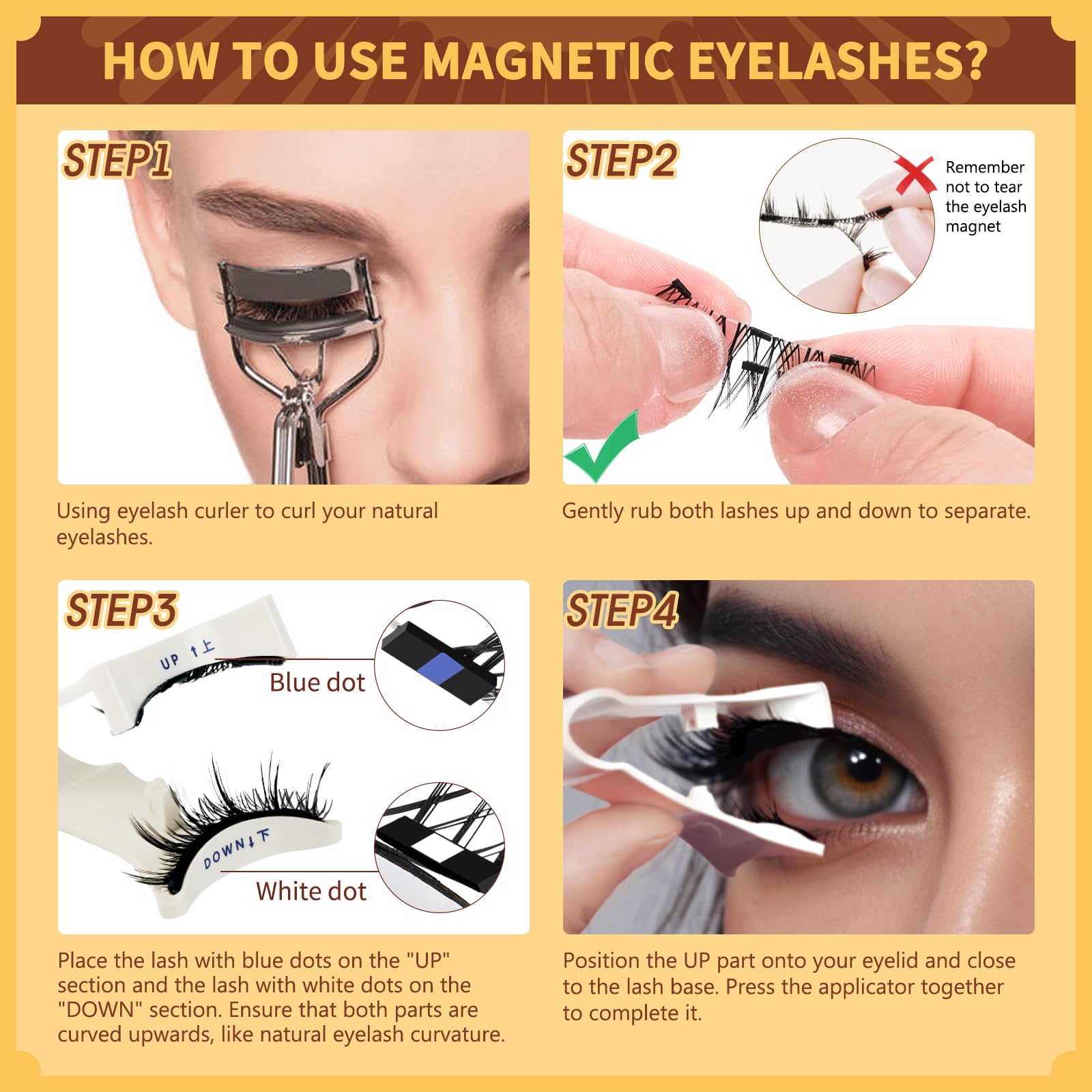 QUEWEL 4 Pairs Magnetic Eyelashes Natural Look, Reusable Magnetic Eyelashes with Applicator, No Glue Needed Lash Clusters Kit, Easy to Wear and Remove(4 Pairs-A02)