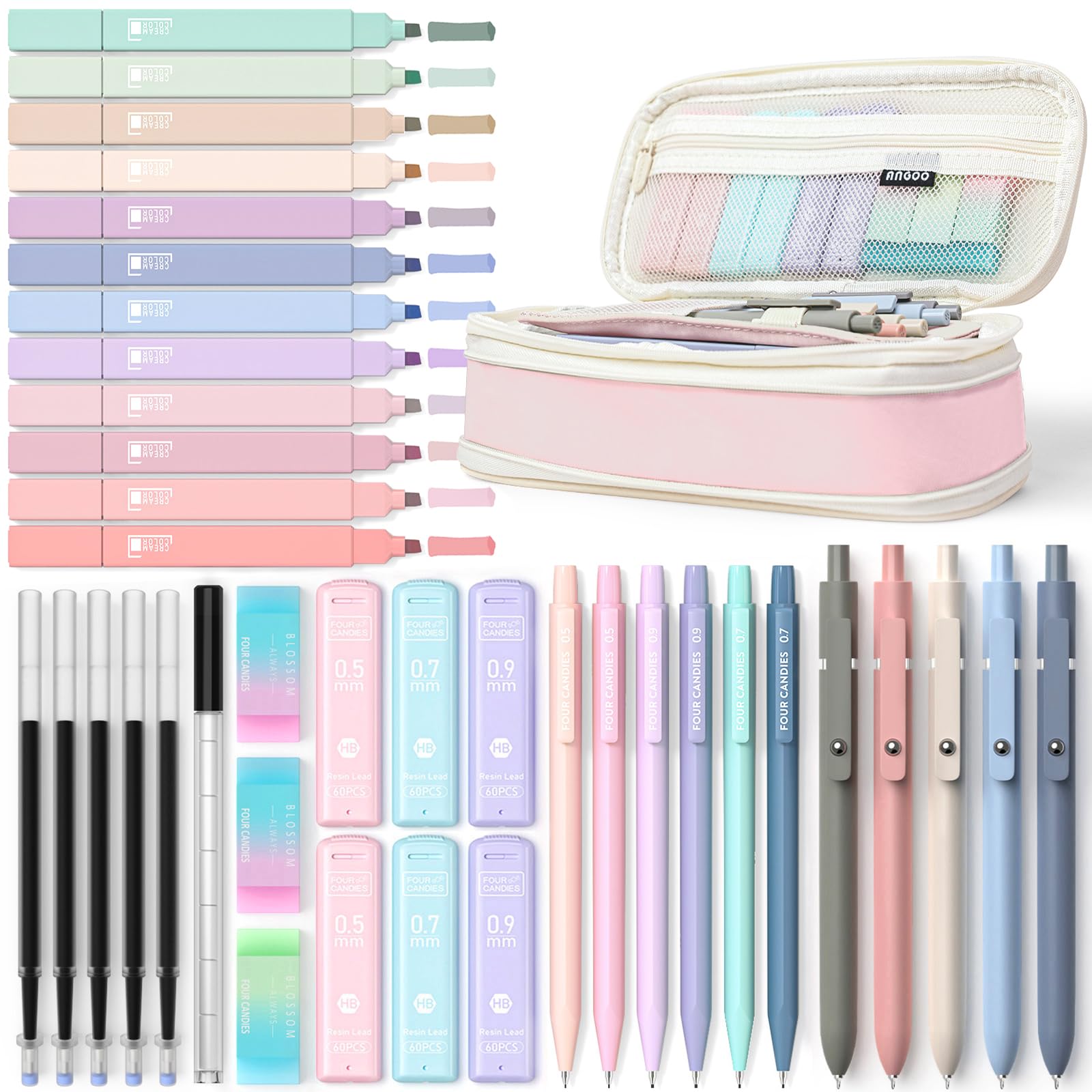 Four Candies 39-teiliges ästhetisches Schulbedarf-Set mit niedlichem Federmäppchen, 12 Pastell-Textmarkern, 5 Gelschreibern mit schwarzer Tinte, 6 Druckbleistiften-Set 0,5 und 0,7 mm für Studenten, Schreibwaren, College-Essentials (Rosa)
