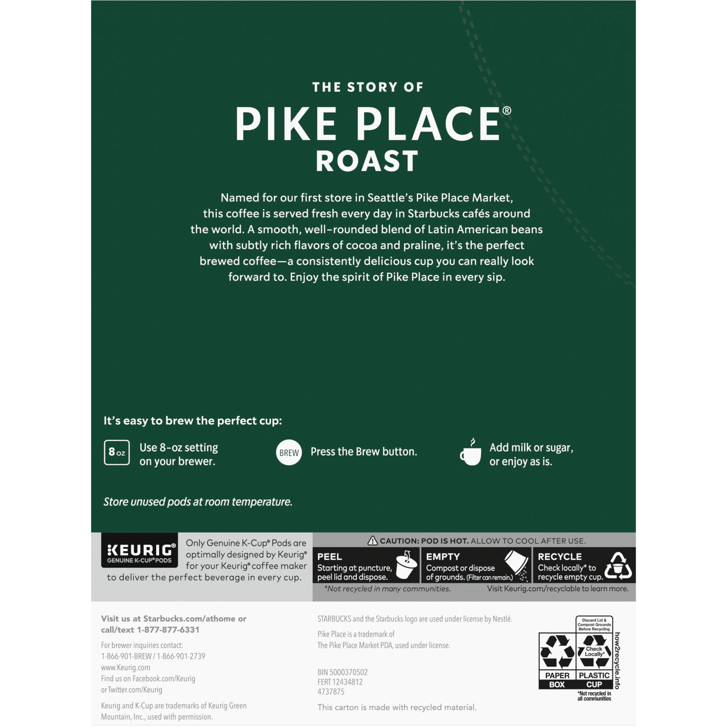 Starbucks K-Cup Coffee Pods, Medium Roast Coffee, Pike Place Roast for Keurig Brewers, 100% Arabica, 4 boxes (96 pods total)