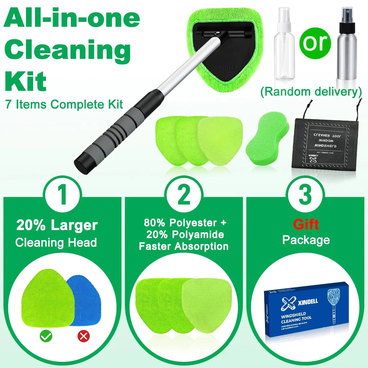 XINDELL Windshield Cleaner Tool – Upgrade Large Head Car Interior&Exterior Window Cleaning Kit with Extendable Handle & 4 Microfiber Pads, Auto Wiper Brush for Car, Trucks, SUVs, RVs & Home Windows