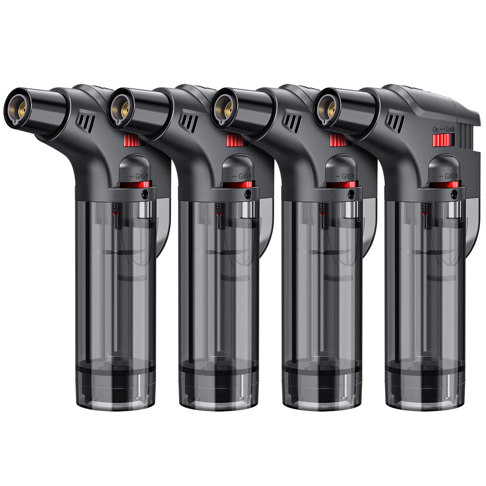 Torch Lighters, 4 Pack, Butane Refillable Jet Flame Torch Lighter, Windproof, Safe, Multi Utility Lighter for Candles, Fireplaces, Campfires, Grill (Without Butane)