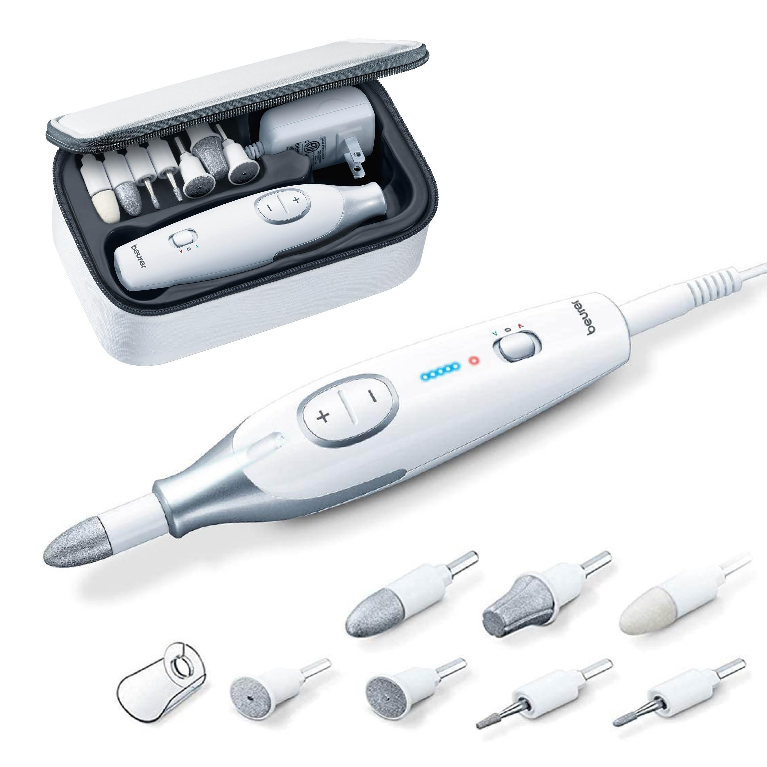 Beurer MP42 Nagelbohrer, 7-in-1 Nagelset mit robusten Saphir-Aufsätzen, elektrische Nagelfeile und Nagelpolierer inklusive heller LED-Beleuchtung, Pediküre- und Maniküre-Set mit Aufbewahrungstasche