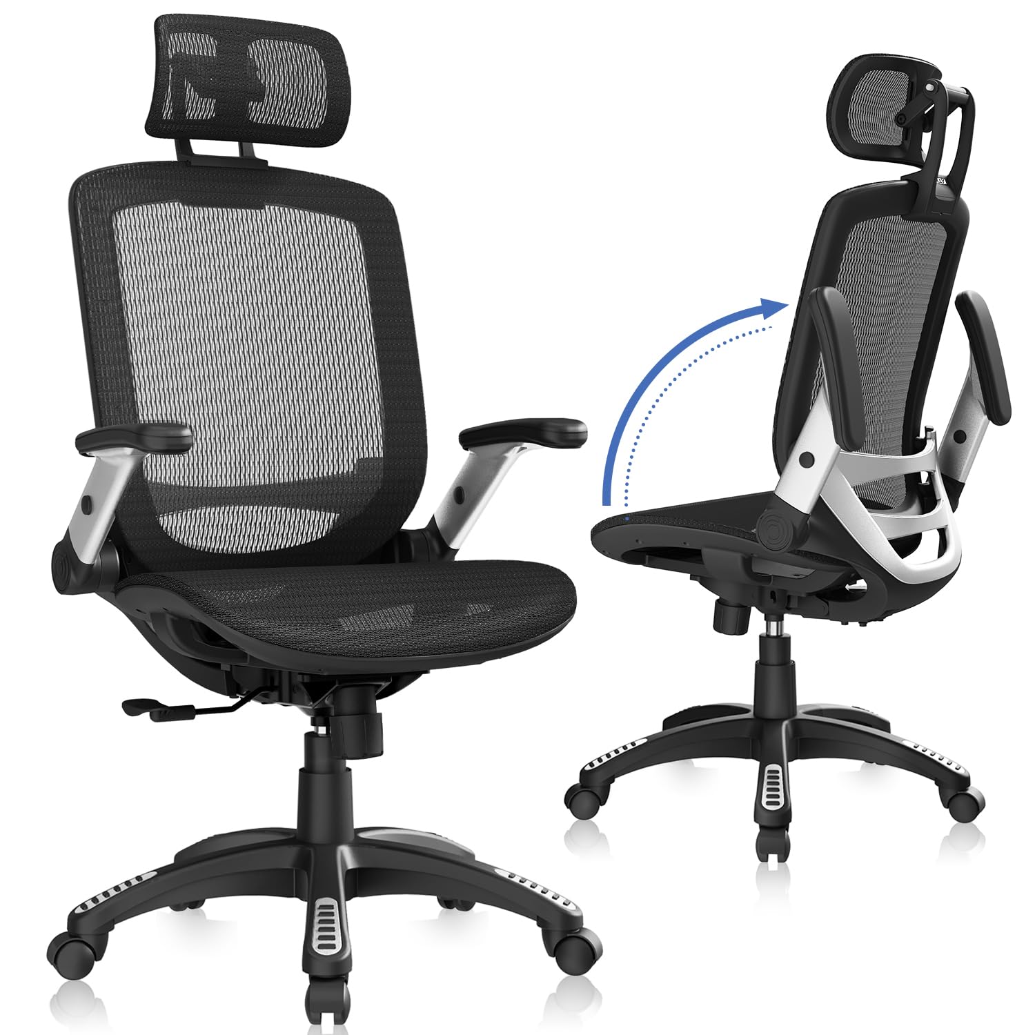 GABRYLLY Ergonomischer Bürostuhl, hoher Schreibtischstuhl für Zuhause mit Kopfstütze, hochklappbaren Armlehnen, 90–120 Grad Neigungsverriegelung und breitem Kissen, große und hohe Netzstühle für Männer und Frauen, schwarzer Arbeitsstuhl