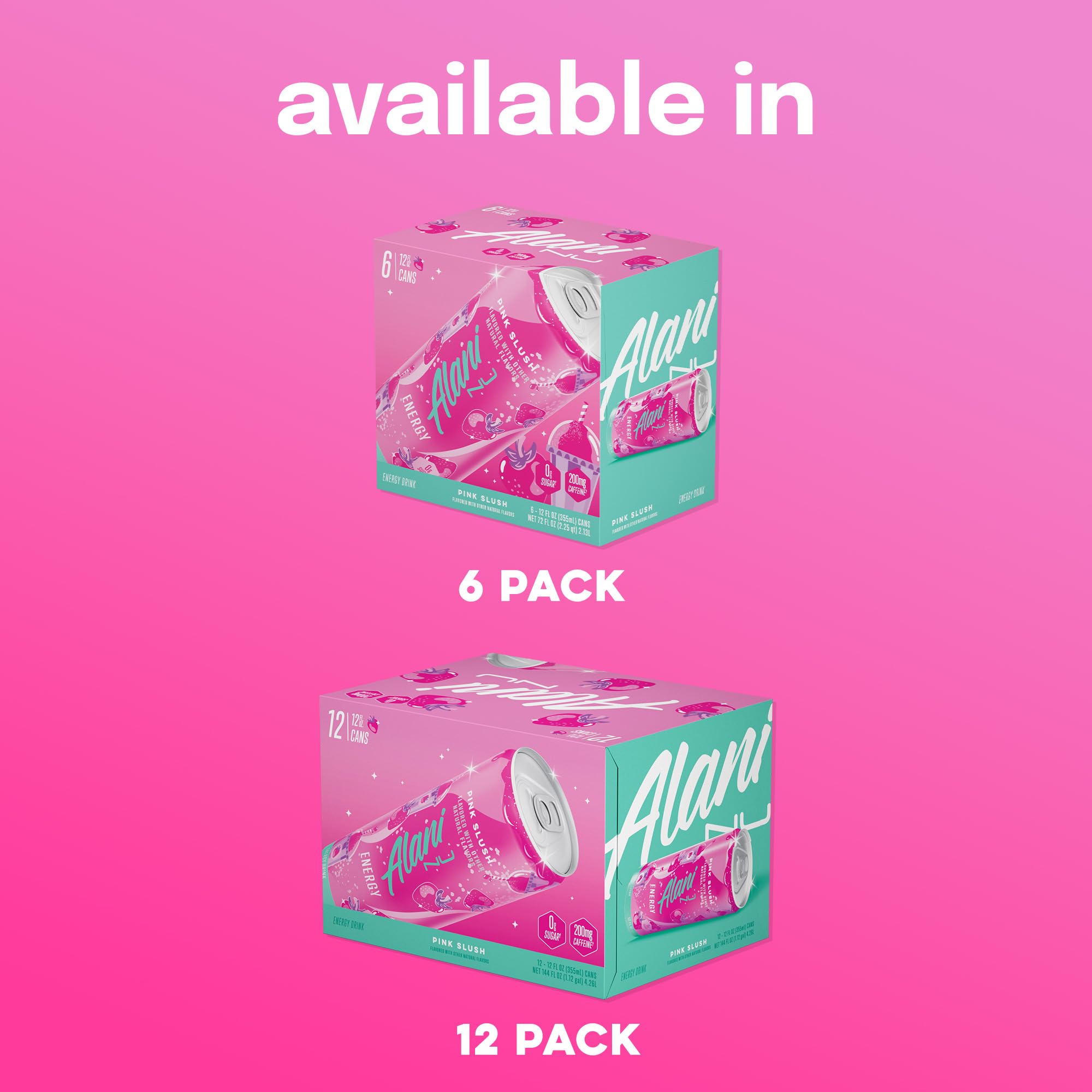 Alani Nu PINK SLUSH, Sugar Free, Low Calorie Energy Drinks, 200mg Caffeine, Biotin, B Vitamins, Zero Sugar, 10 Calories, 12 Fl Oz Cans, 12 Pack