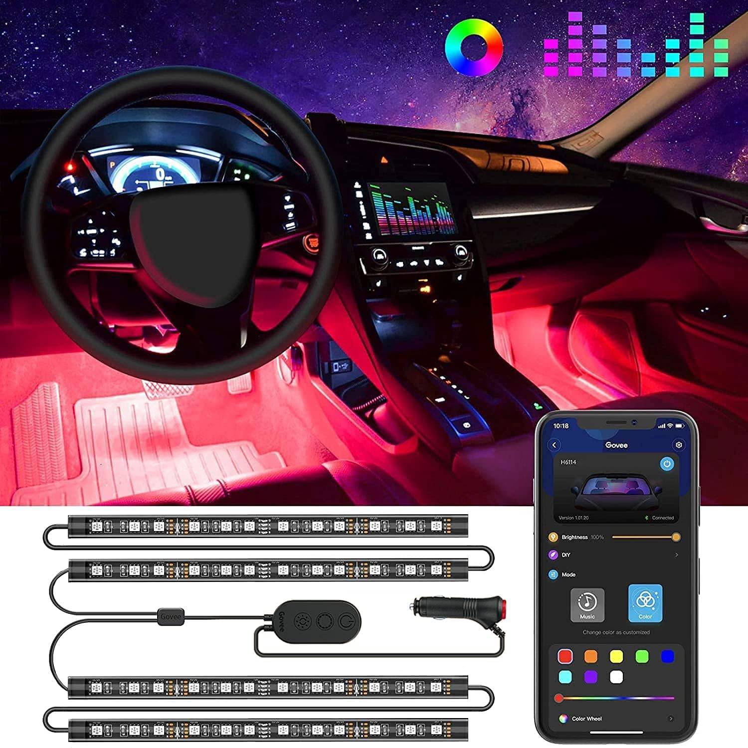 Govee Auto LED Beleuchtung, Smarte Auto Innenbeleuchtung mit App-Steuerung, RGB Lichter mit DIY-Modus und Musikmodus, 2-Linien-Design LED-Leuchten für Autos mit Auto-Ladegerät, 12V