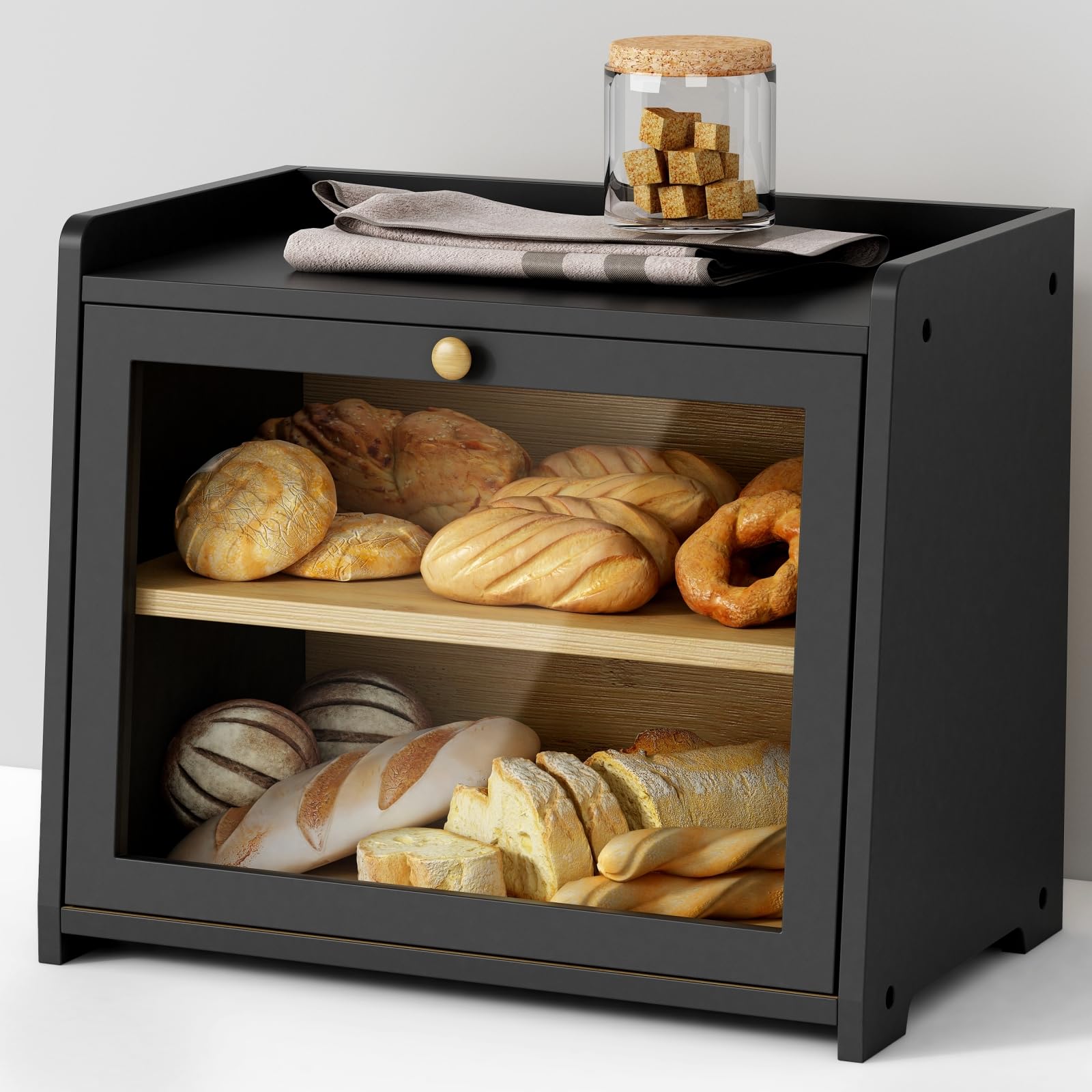 Goozii Brotkasten schwarz für die Arbeitsplatte, großer Brotaufbewahrungsbehälter für selbstgebackenes Brot, Organizer im Landhausstil aus Holz für Küchenarbeitsplatte, Ecke, Schrank, Speisekammer, Vorratsschrank (Schwarz)
