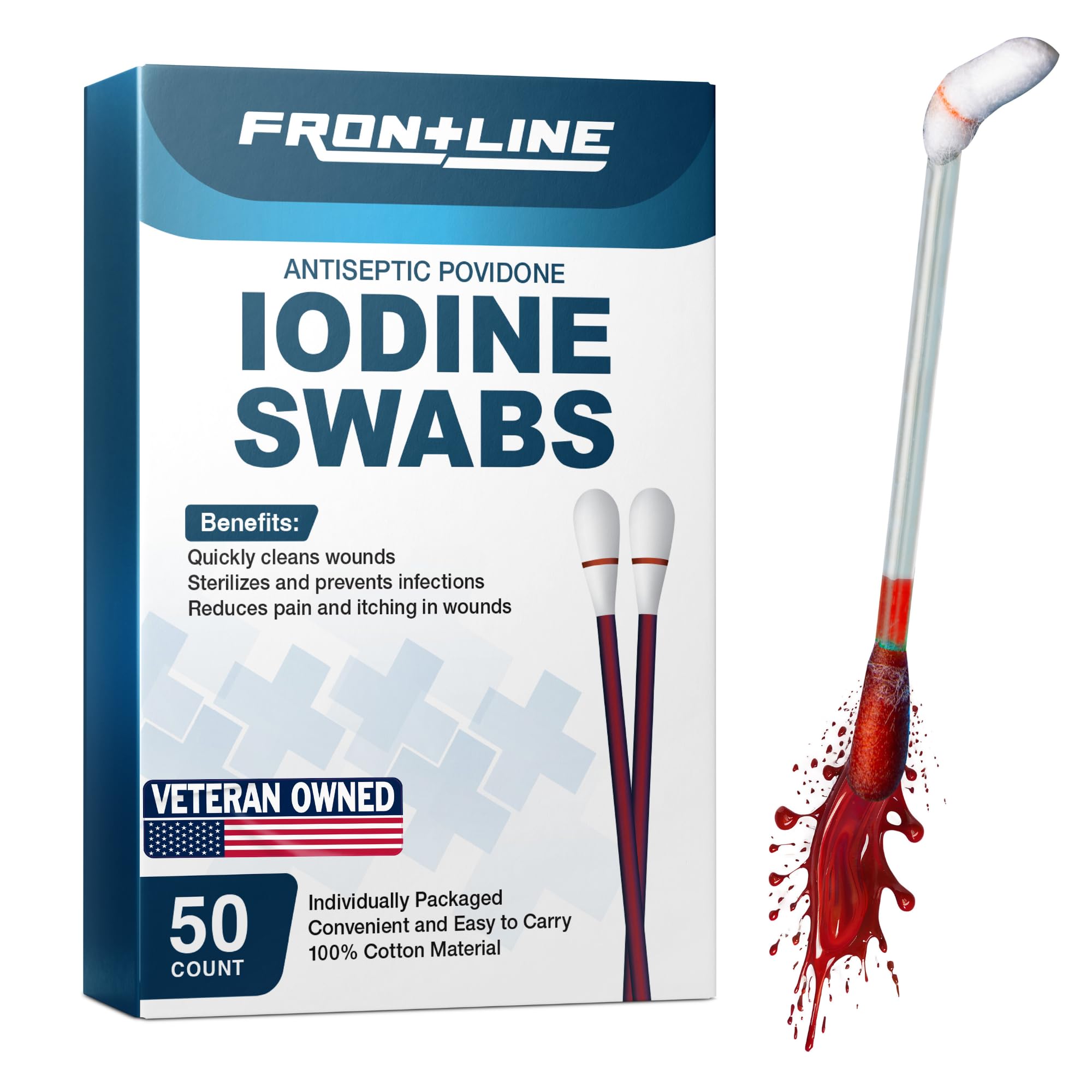 FrontLine Povidon-Jod-Tupfer, antiseptische Tupfer, Jodlösung, reinigende Wattestäbchen, einzeln verpackte medizinische Hilfsmittel, Wundversorgung, Erste Hilfe, Wundreiniger, Box mit 50 Stück