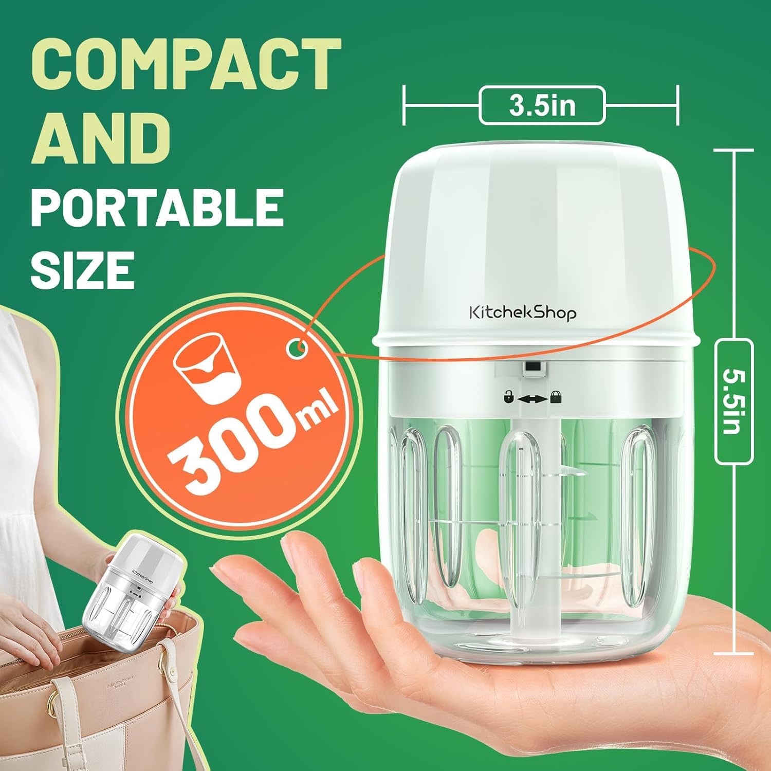 KitchekShop Electric Garlic Chopper, 300ML Portable Cordless Mini Food Processor, Rechargeable Vegetable Chopper Blender for Nuts Chili Onion Minced Meat and Spices BPA-Free(White)