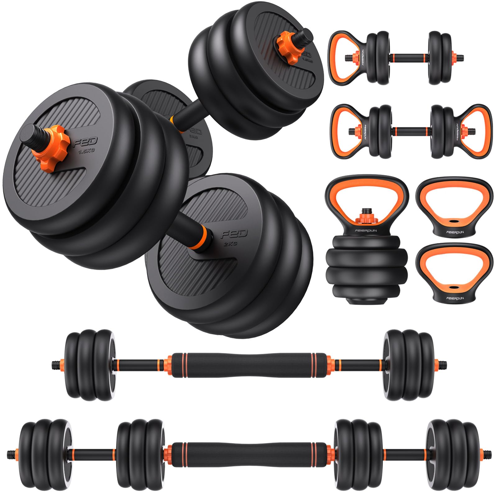FEIERDUN Verstellbare Kurzhanteln, 20 kg Freihantelset mit Verbinder, 4-in-1 Kurzhantelset verwendbar als Langhantel, Kettlebells, Push-up-Ständer, Fitnessübungen für das Heim-Fitnessstudio, geeignet für Männer/Frauen