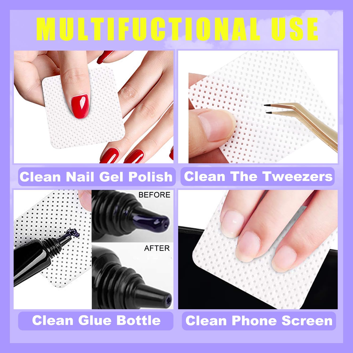 NXJ INFILILA Lint Free Nail Wipes, 540PCS Non-Woven Fabric Dry Nail Prep Wipes, Super Absorbent Nail Polish Remover Wipes Lash Extensions Glue Nail Cleaning Pads for Salon Supplies
