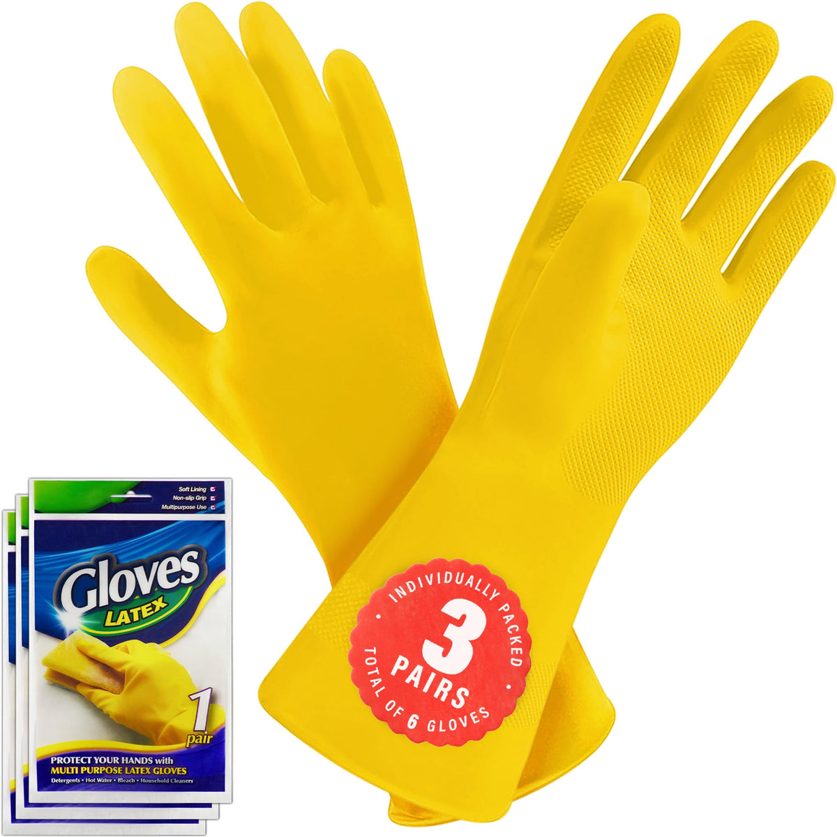 SteadMax 3/6 Paar Reinigungshandschuhe, wiederverwendbare Spülhandschuhe aus Naturkautschuk, wasserdichte, rutschfeste Latexhandschuhe für Küche und Haushalt (Groß, 3er-Pack)