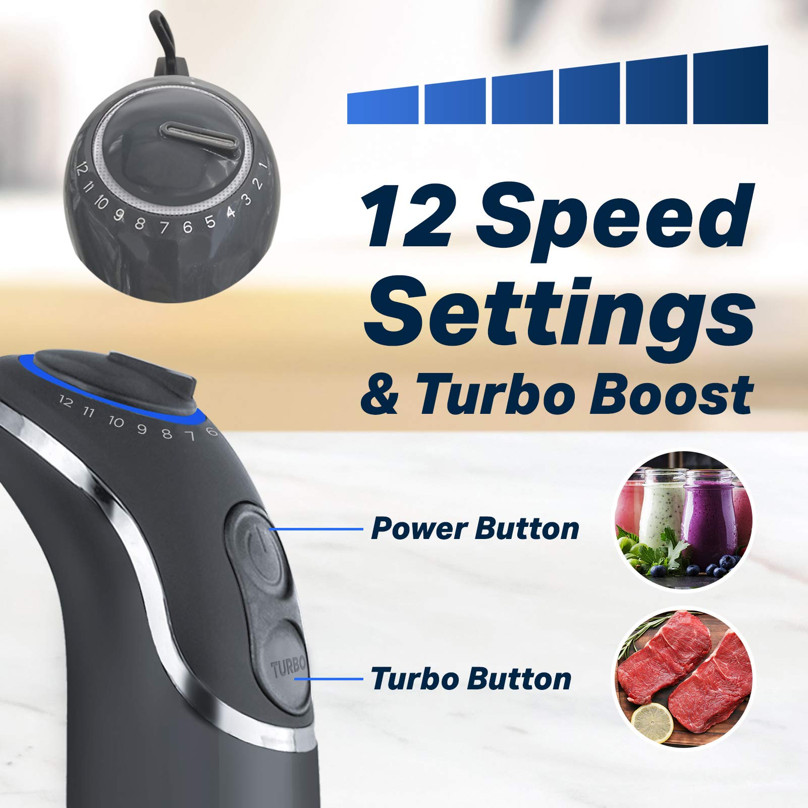 Mueller Multistick 5-in-1 Immersion Blender Handheld, 12 Speed Hand Mixer - Turbo Boost, Heaviest Duty Copper Motor, Titanium Blades Hand Blender, Milk Frother Wand, Whisk, Beaker, Chopper, Grey