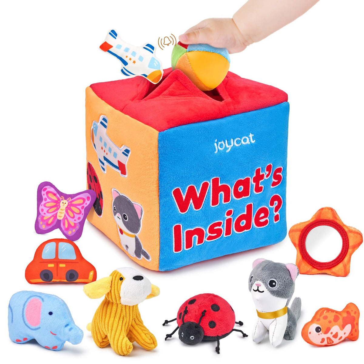 JoyCat Babyspielzeug 6-12 Monate – Fühlbox mit 10 Sensorik-Objekten, Rassel, Knisterpapier, Spiegel – Was ist in der Box, Babygeschenke, weiches Beschäftigungsspielzeug ab 1-2 Jahren – Baby-Geburtstagsgeschenke für Jungen und Mädchen zu Weihnachten