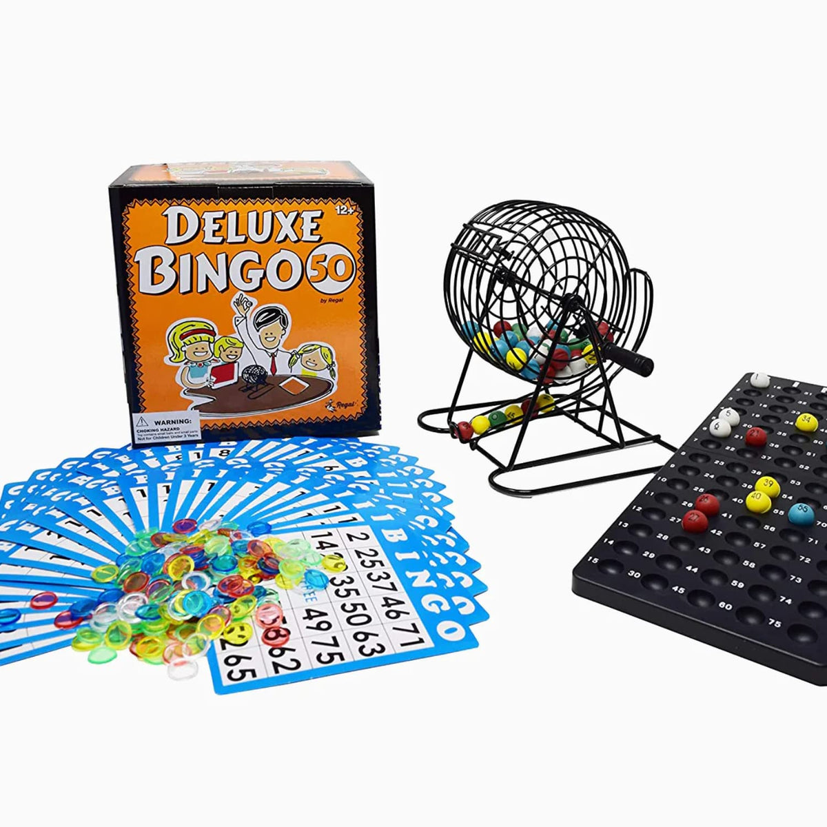 Regal Bingo Deluxe Spielset für Erwachsene und Kinder – Enthält 8 Zoll Radkäfig, 75 Kugeln, Spielbrett, 50 Karten und bunte Chips – Spaß für den Familien-Spieleabend