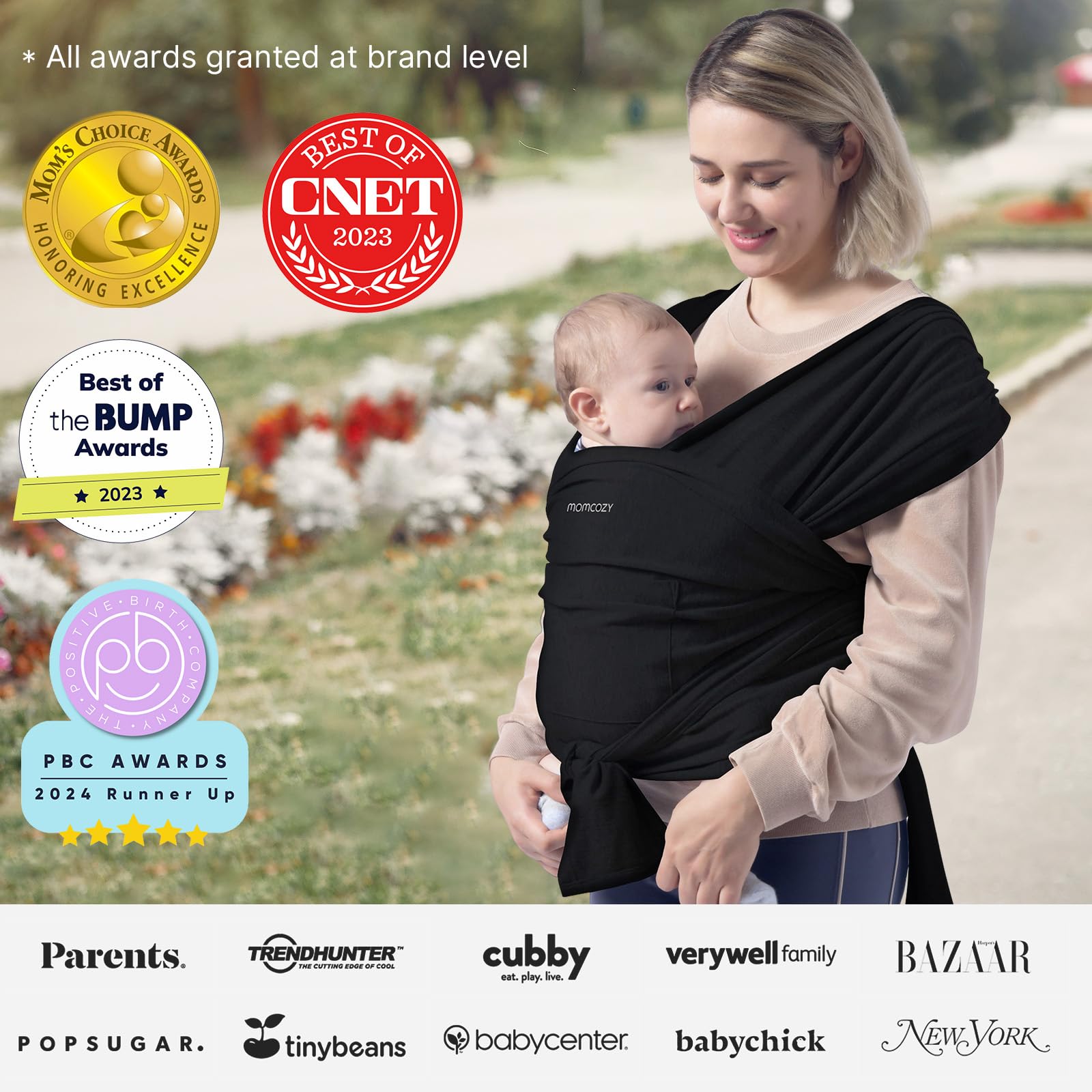 Momcozy Baby Wrap Carrier, Easy to Wear Infant Carrier Slings, Lightweight Hands Free Baby Sling, Adjustable Baby Carriers for Newborn to Toddler 8-35 lbs, Black