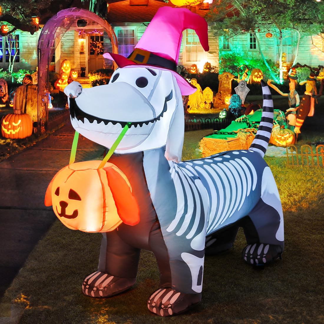 GOOSH 168 cm Halloween aufblasbare Außendekorationen, Skelett-Welpe, aufblasbare Hofdekoration mit eingebauten LEDs, aufblasbarer Kürbis für Halloween-Partys drinnen, draußen, Hof und Garten