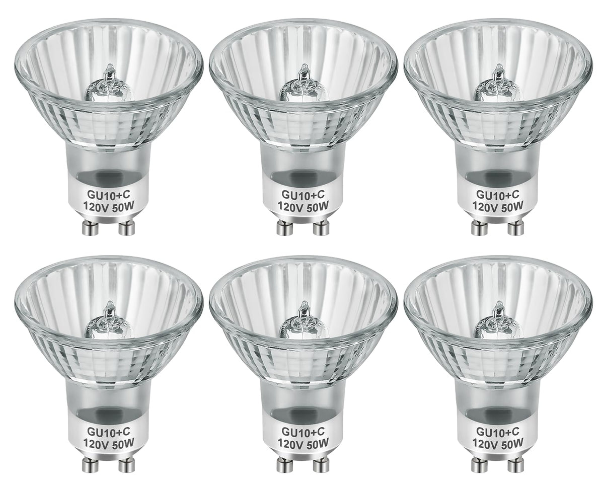 SerBion GU10 120V 50W Halogen Light Bulbs for Track and Range Hood, GU10+C Candle Warmer Lamp with Dimmable, 2700K Warm White, 6000+Hours Long-Lasting Pack of 6