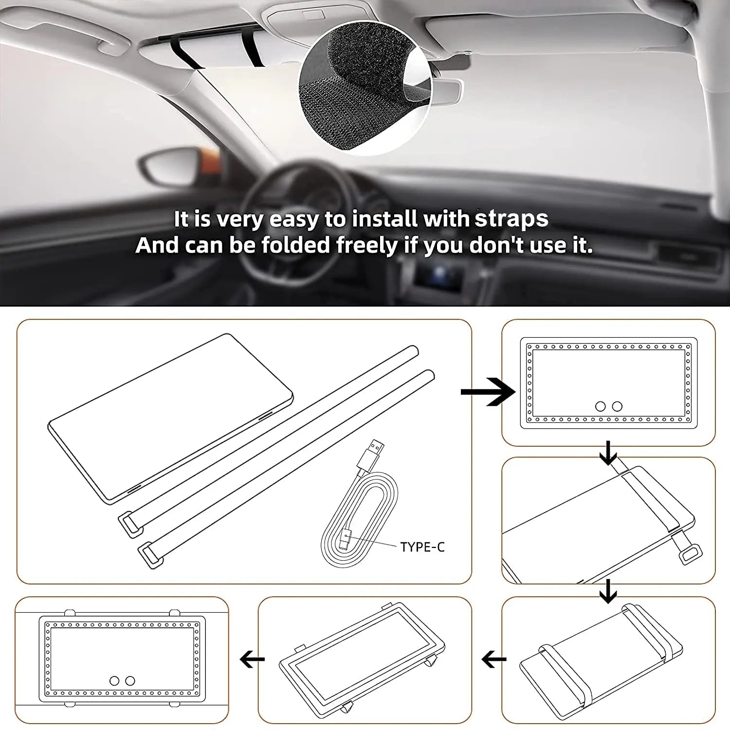 Car Sun Visor Vanity Mirror, with 3 Light Modes & 60 LEDs - Rechargeable Dimmable Clip-on Rear View Sun-Shading Cosmetic Makeup Mirror, Universal for Car SUV(Black)