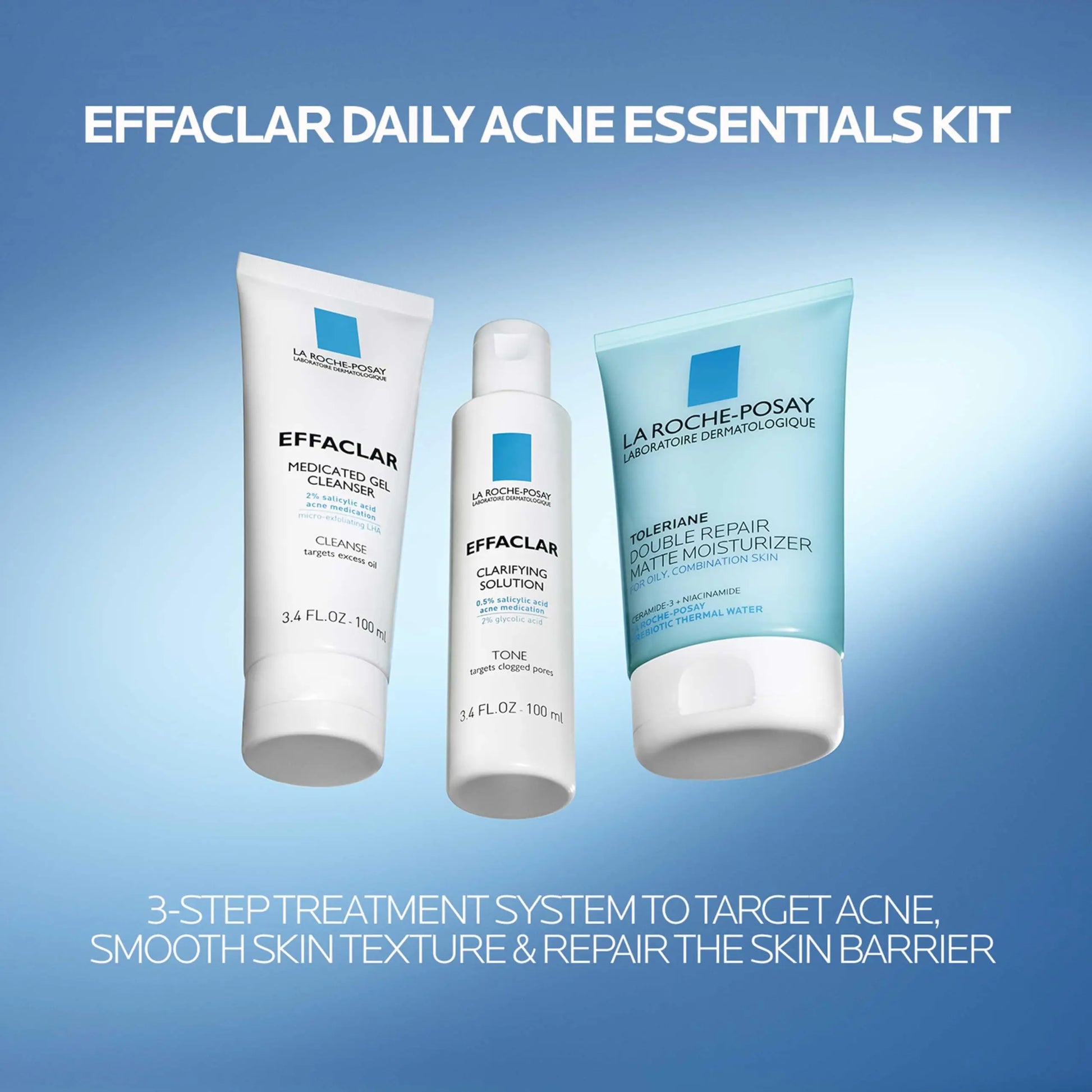 Effaclar Daily Acne Essentials Kit, Acne Treatment System, Salicylic Acid Acne Cleanser, Pore Refining Toner, & Matte Face Moisturizer for Oily Skin & Combination Skin, Oil-Free, 2 Month Supply