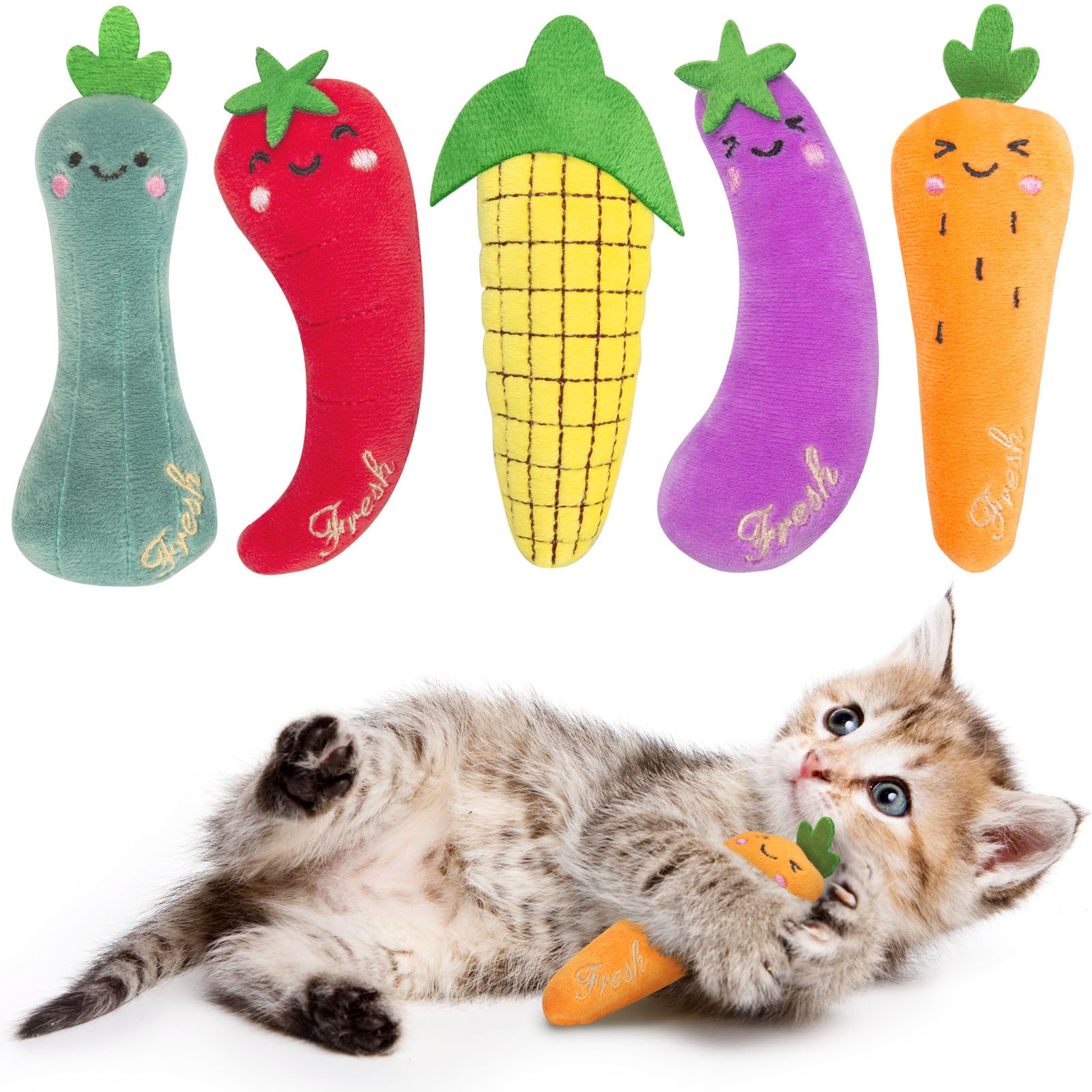 ETEKYER Katzenminze-Katzenspielzeug, Interaktives Indoor-Katzenminze-Spielzeug für Kätzchen, Strapazierfähiges Beißspielzeug für Kätzchen, 5er-Pack, Gemüseform