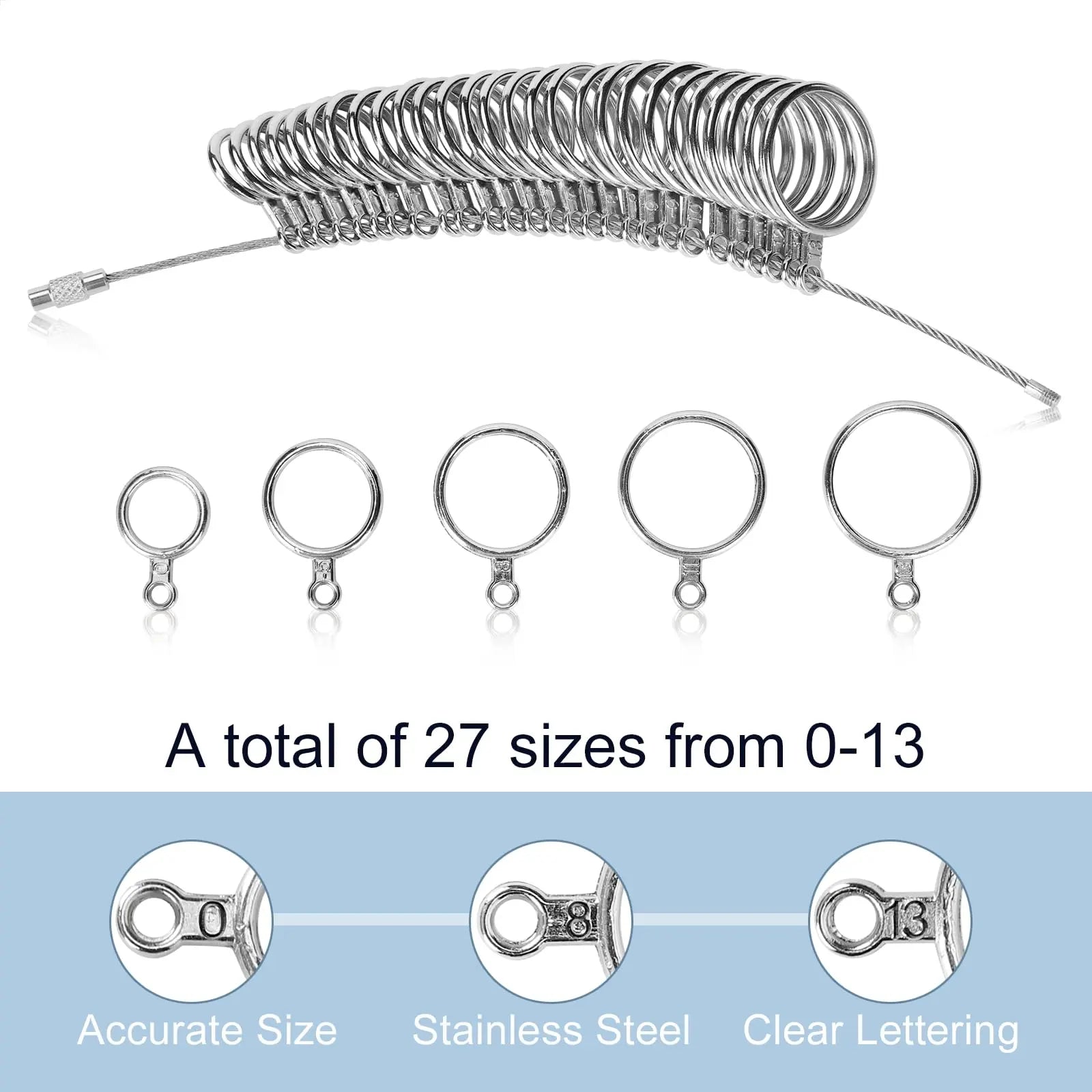 Ring Sizer Measuring Tool Kit, Ring Mandrel Measurer, 27 PCS Premium Steel Measuring Ring Tool, US Ring Size 0-13, 2 PCS Reusable Finger Size 1-17 USA Rings Size with Magnified Glass