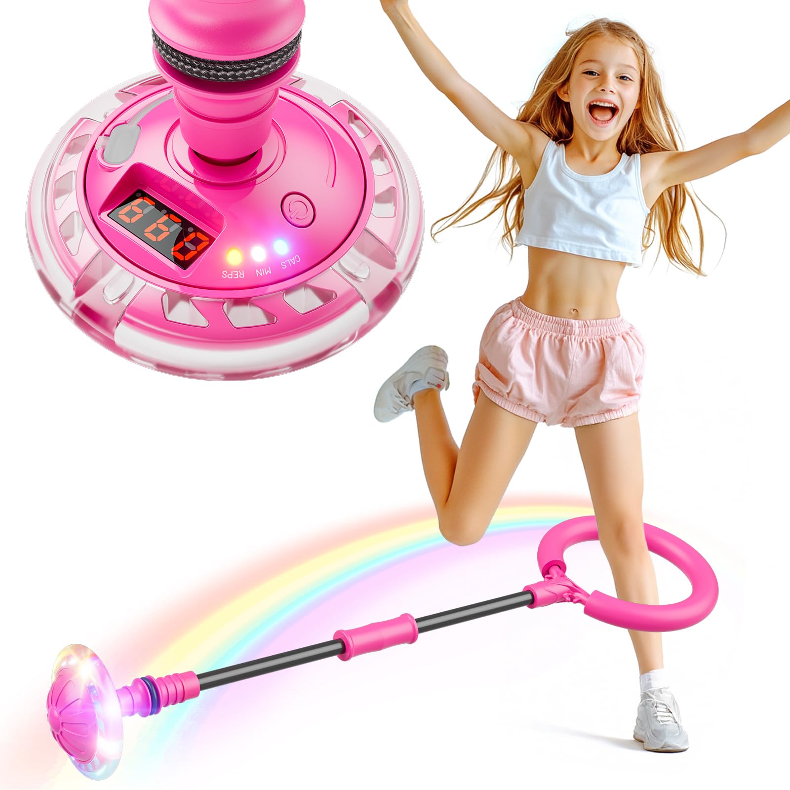 Flooyes Skip Ball für Kinder, Knöchel-Skip-Ball-Spielzeug mit Zähler, Timer und Kalorienrechner, Geburtstagsgeschenke für Mädchen ab 6 7 8 9 10+, wiederaufladbarer farbiger Flash-Rad-Skip-Ball für Mädchen und Frauen